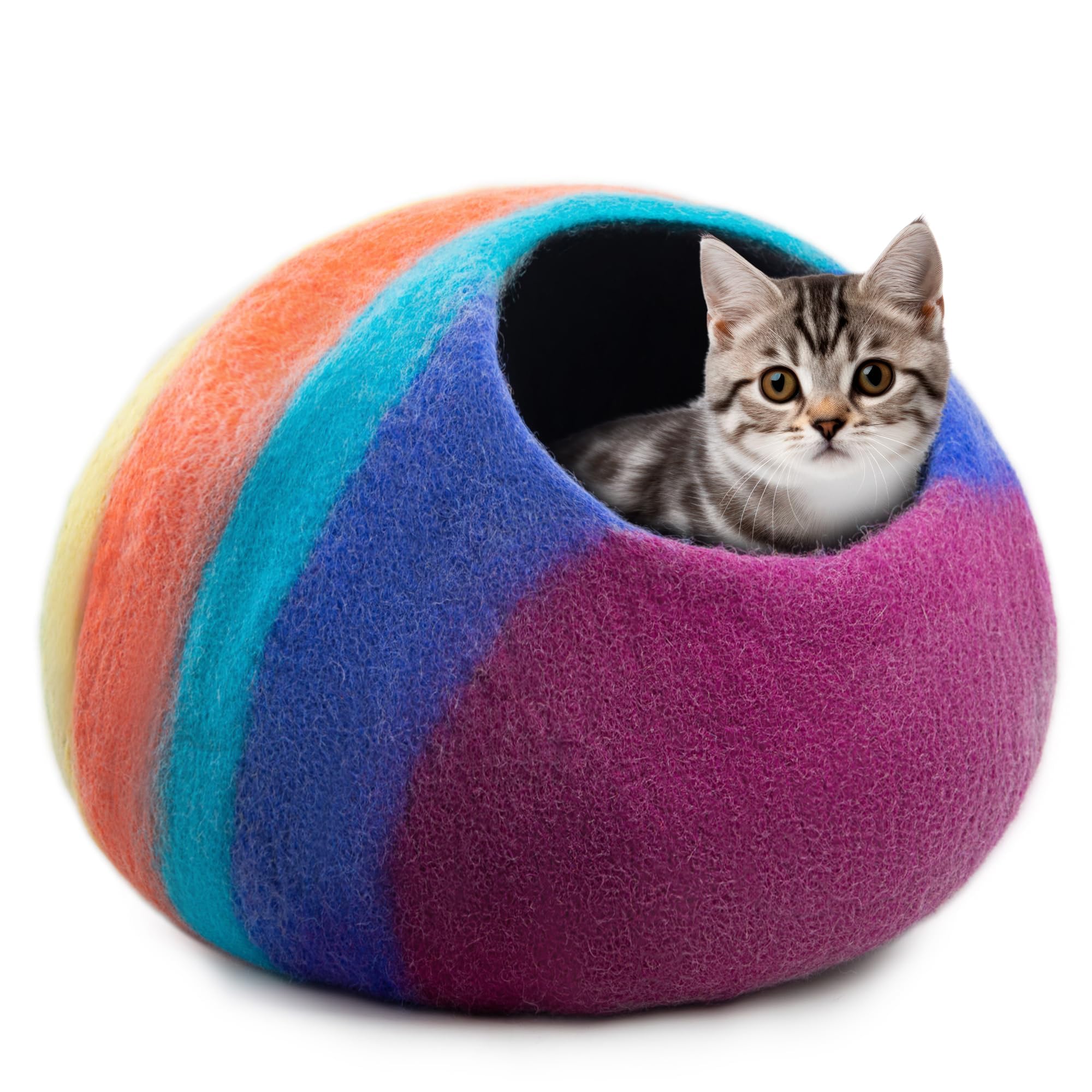Photo 1 of Woolygon Premium Felt Cat Cave Bed – Wool Kitty Beds Handcrafted Kitten Caves Bed for Indoor Cats - Made from Merino Wool, Foldable Cat Hideaway Covered Cat House Pod (Rainbow Twist)