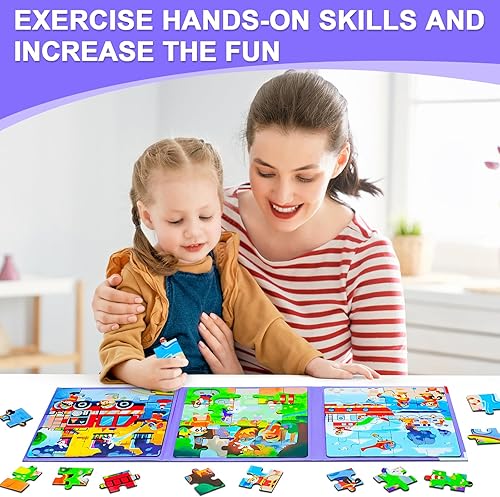 Miniatura 9 de Rompecabezas magnéticos para niños de 4 a 8 años, libro de rompecabezas de dibujos animados 3 en 1, rompecabezas de viaje para niños, juguete de