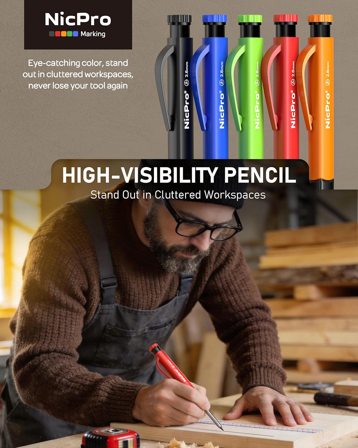 Nicpro 5 Pack Carpenter Pencils with Sharpener & Finger Grip, Mechanical Carpenter Pencils with 41 Refills, 3-IN-1 Deep Hole Construction Pencil Heavy Duty Woodworking Tools for Architect Marking