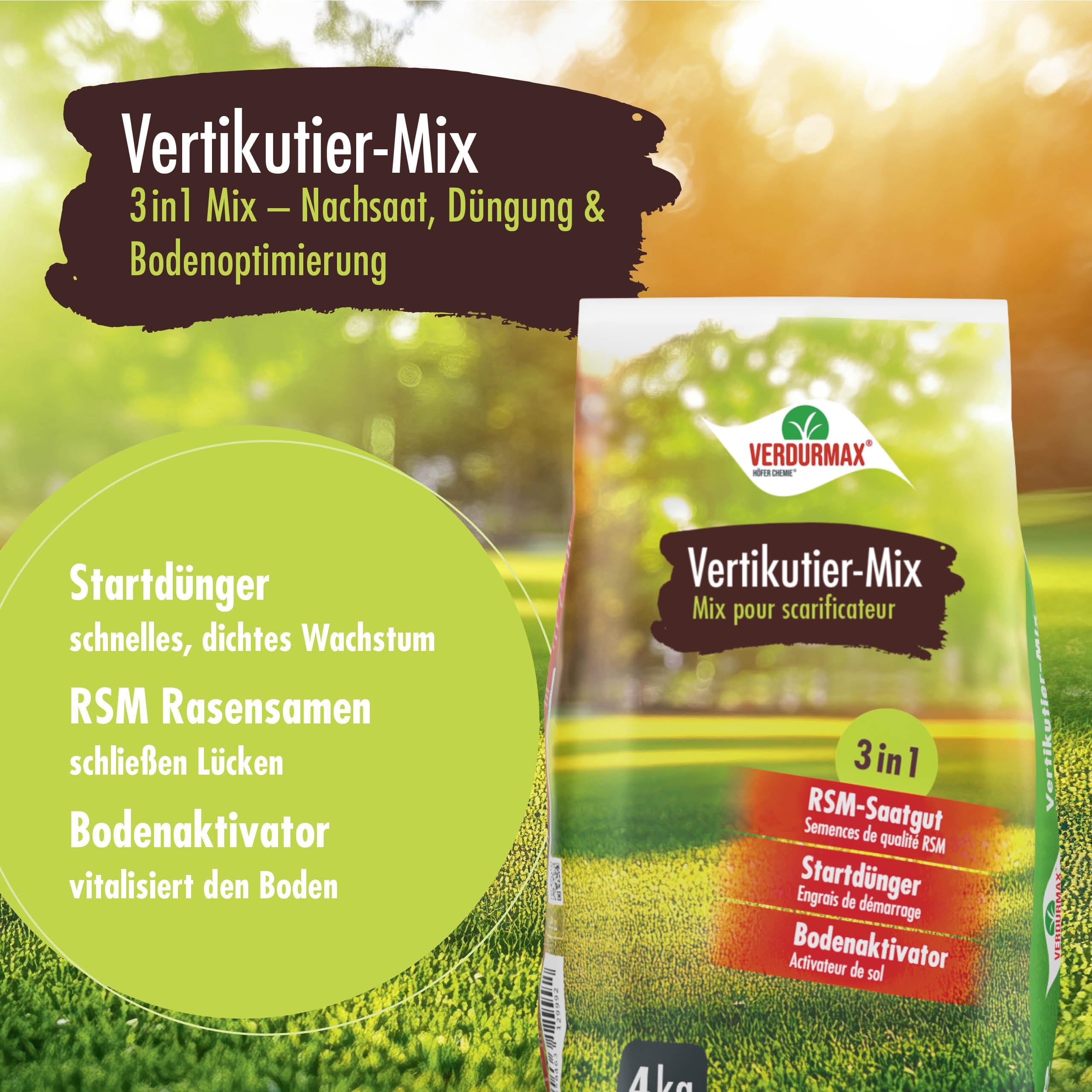VERDURMAX 2 x 4 kg Vertikutier-Mix 3in1 | RSM Nachsaat mit Startdünger & Bodenaktivator – Rasendünger für schnelle Rasenregeneration nach dem Vertikutieren – dichter,