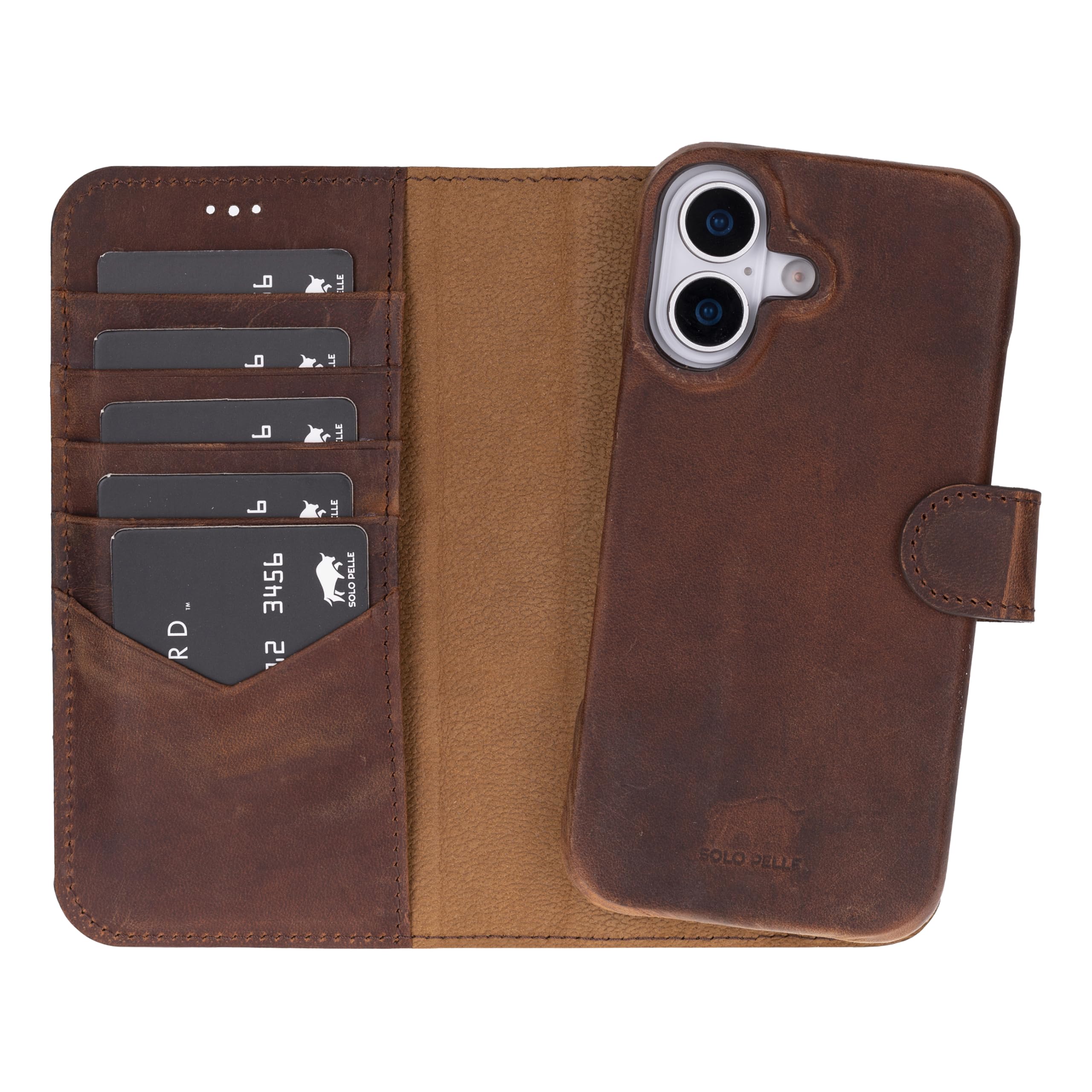 Solo Pelle Lederhülle kompatibel für iPhone 17 in 6.3 Zoll abnehmbare Hülle (2in1) inkl. Kartenfächer geeignet für MagSafe Zubehör (Vintage Braun)