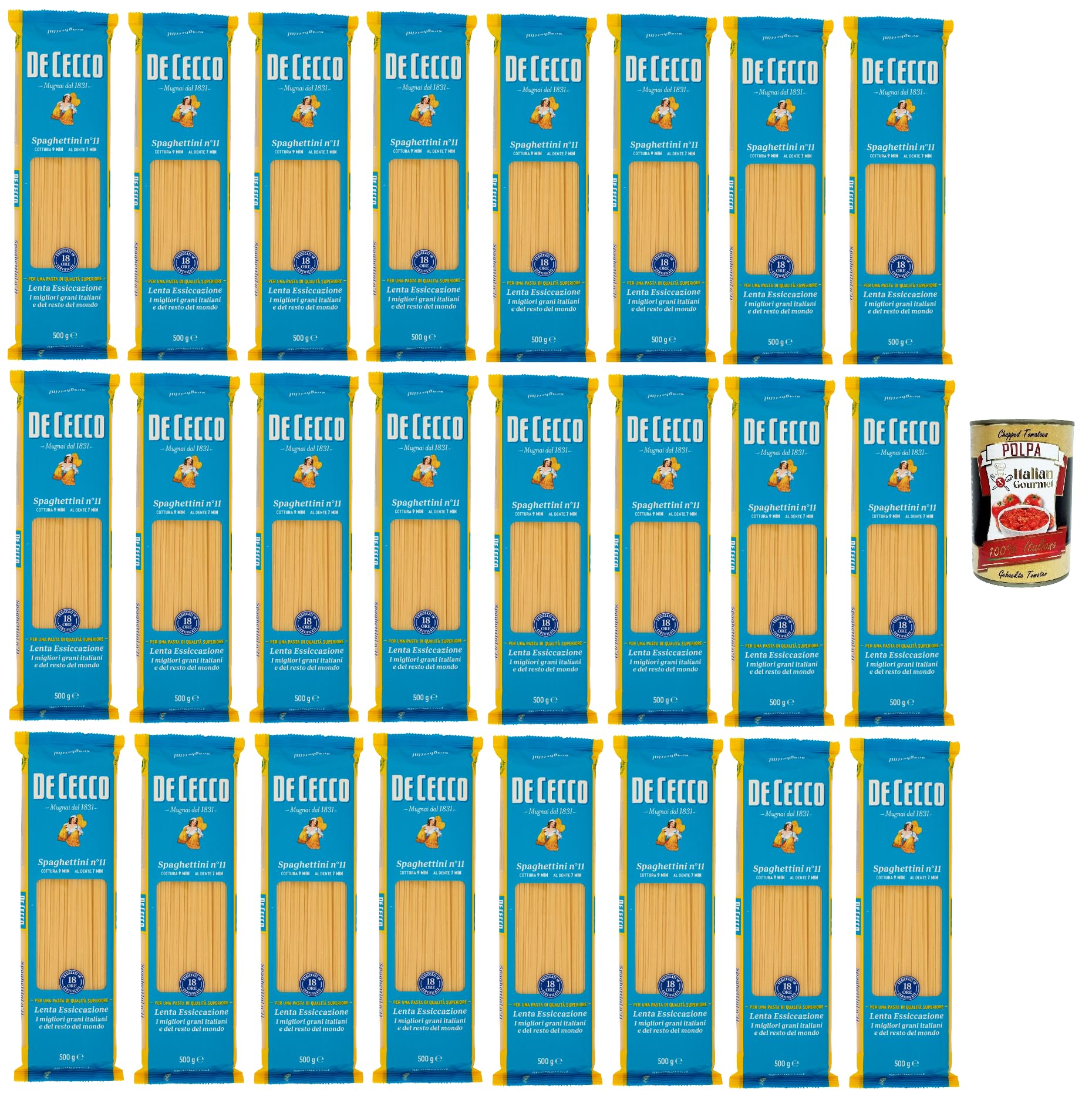 De Cecco Spaghettini n°11, pasta de trigo duro 24 x 500 g - secado lento ~18 h, textura firme - cocción 9 min (al dente 7 min) - Fabricado en Italia + Italian Gourmet Polpa 400 g