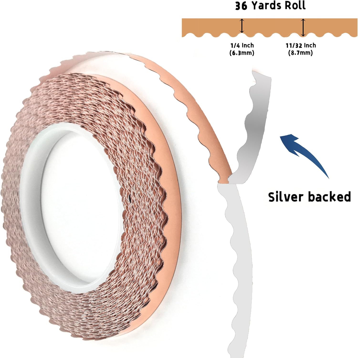 Silver Backed Scalloped Copper Foil Tape for Stained Glass, DIY Crafts, Single Large Scalloped Copper Foil