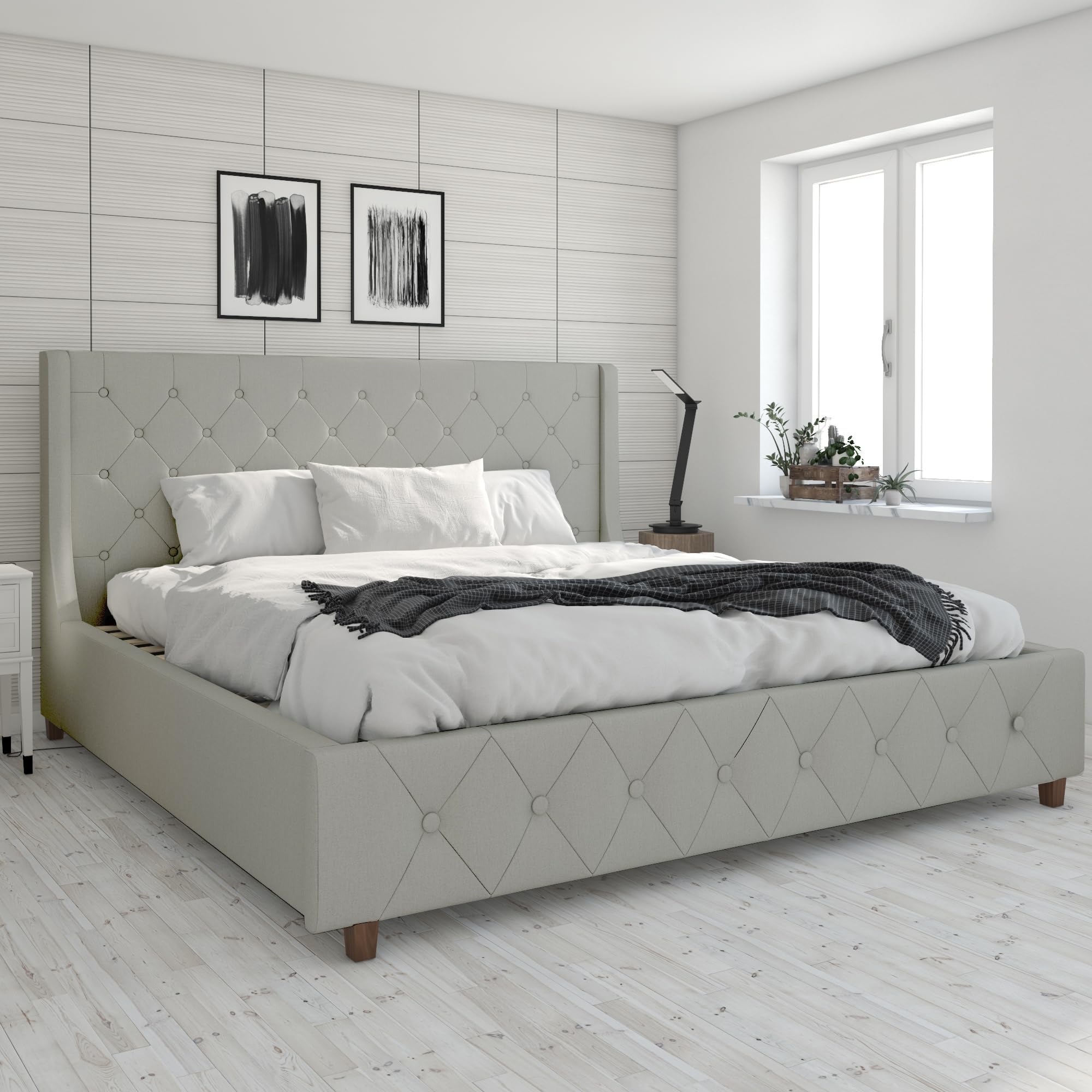 CosmoLiving by CosmopolitanMercer Upholstered Platform Bed Frame, King, Light Gray Linen