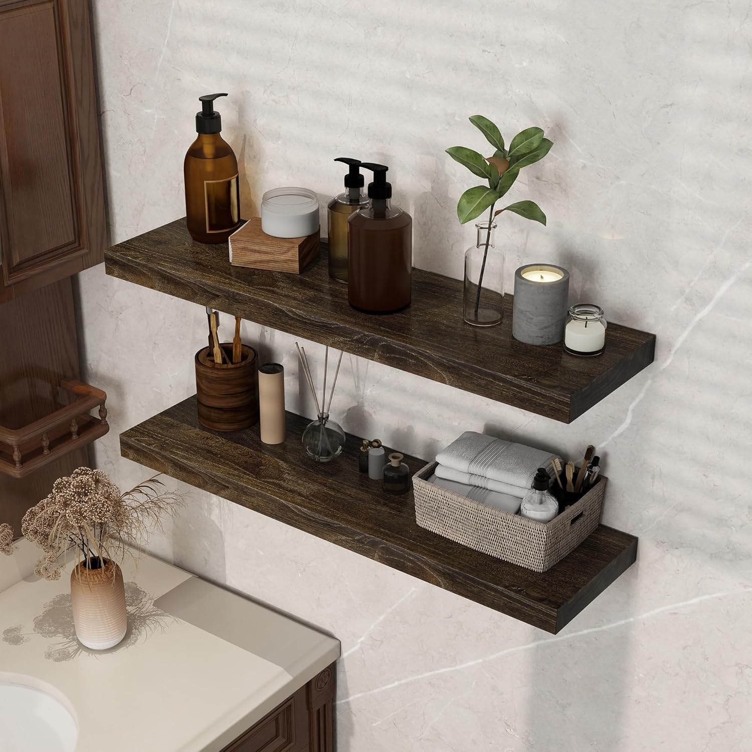 Rustic Floating Shelves for Home Decor, 32 Inch Long Wall Shelves Set of 2, Solid Elm Wood Floating Shelf for Wall, 8 Inch Deep Bookshelf for Storage & Display, 32 x 8 Bathroom Shelf, Walnut Color