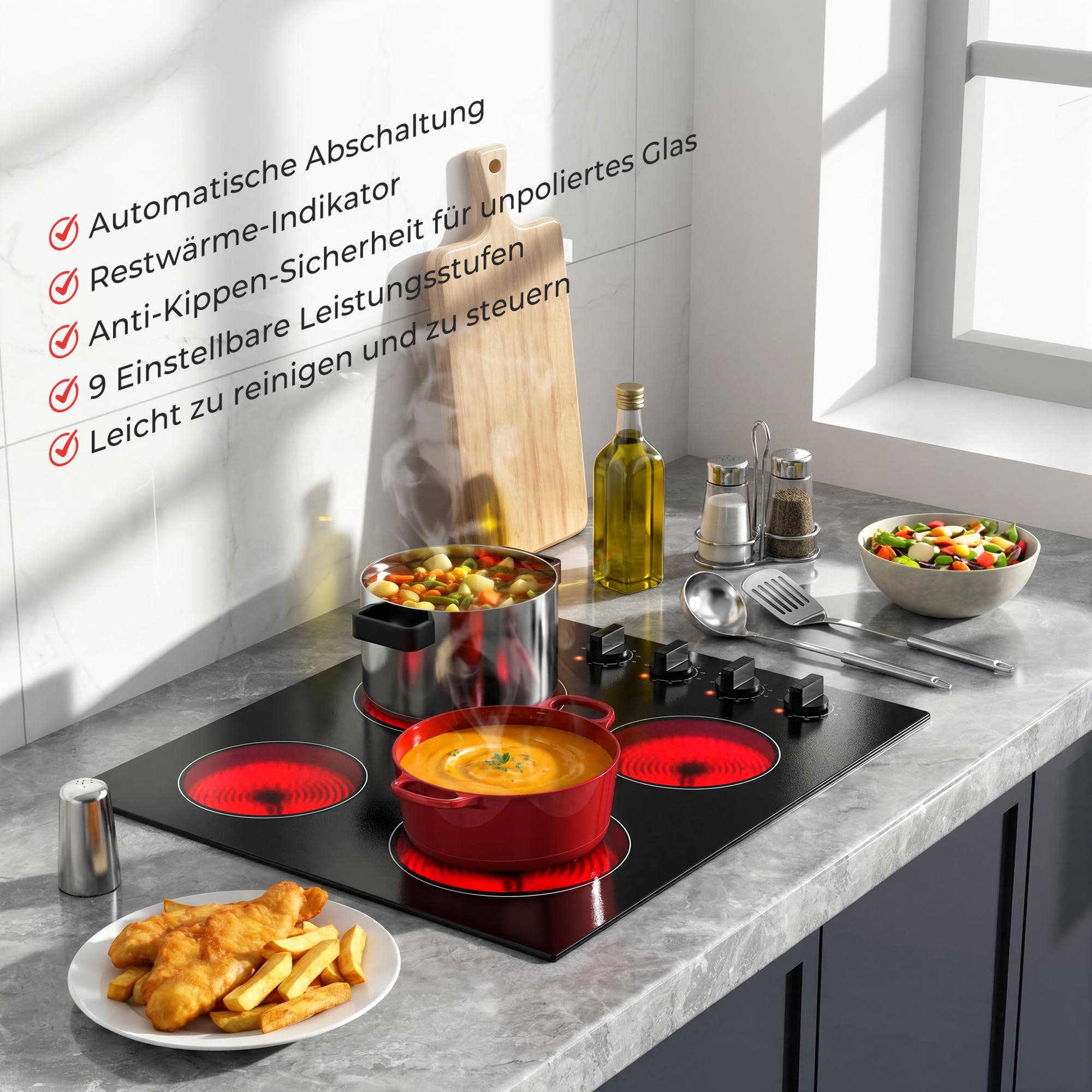Herdplatte 4 Kochfelder 6000W 60 cm mit Drehknopfsteuerung | Einbau Kochfeld mit 9-Stufen, 4 platten mit Leistungsstufen, universelle Topfkompatibilität, Kein Stecker, 240V