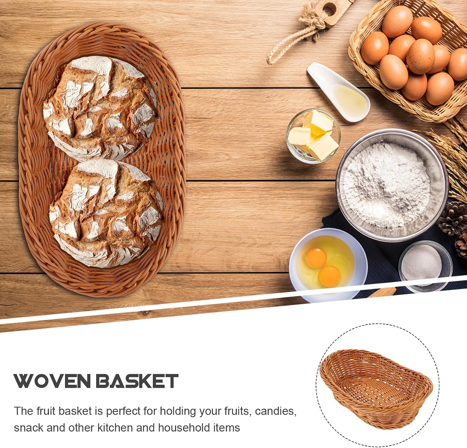 Generic Woven Rattan Bread Basket and Snacks Serving Basket 28x19x9.5 Cm Multi-function Kitchen Food Storage Holder for Fruits Vegetables and Desserts for Home and Party Use