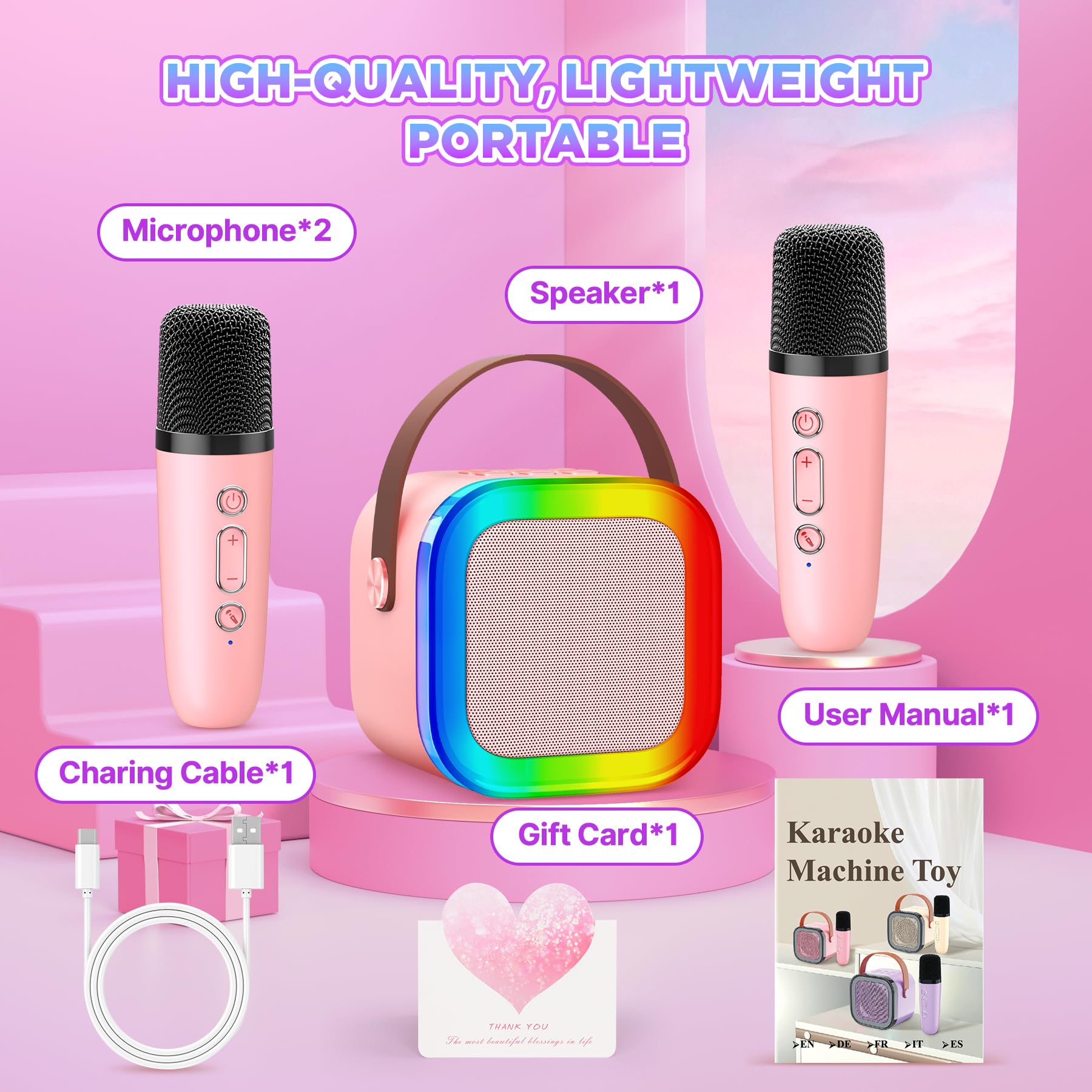 Gontence Karaoke con 2 Microfono Bambini - Macchina Musicale con Luce LED - Regalo per Bambine 3-12 Anni - Giocattolo Giochi Bambina 3-12 Anni -Mini Microfono Rosa per Karaoke