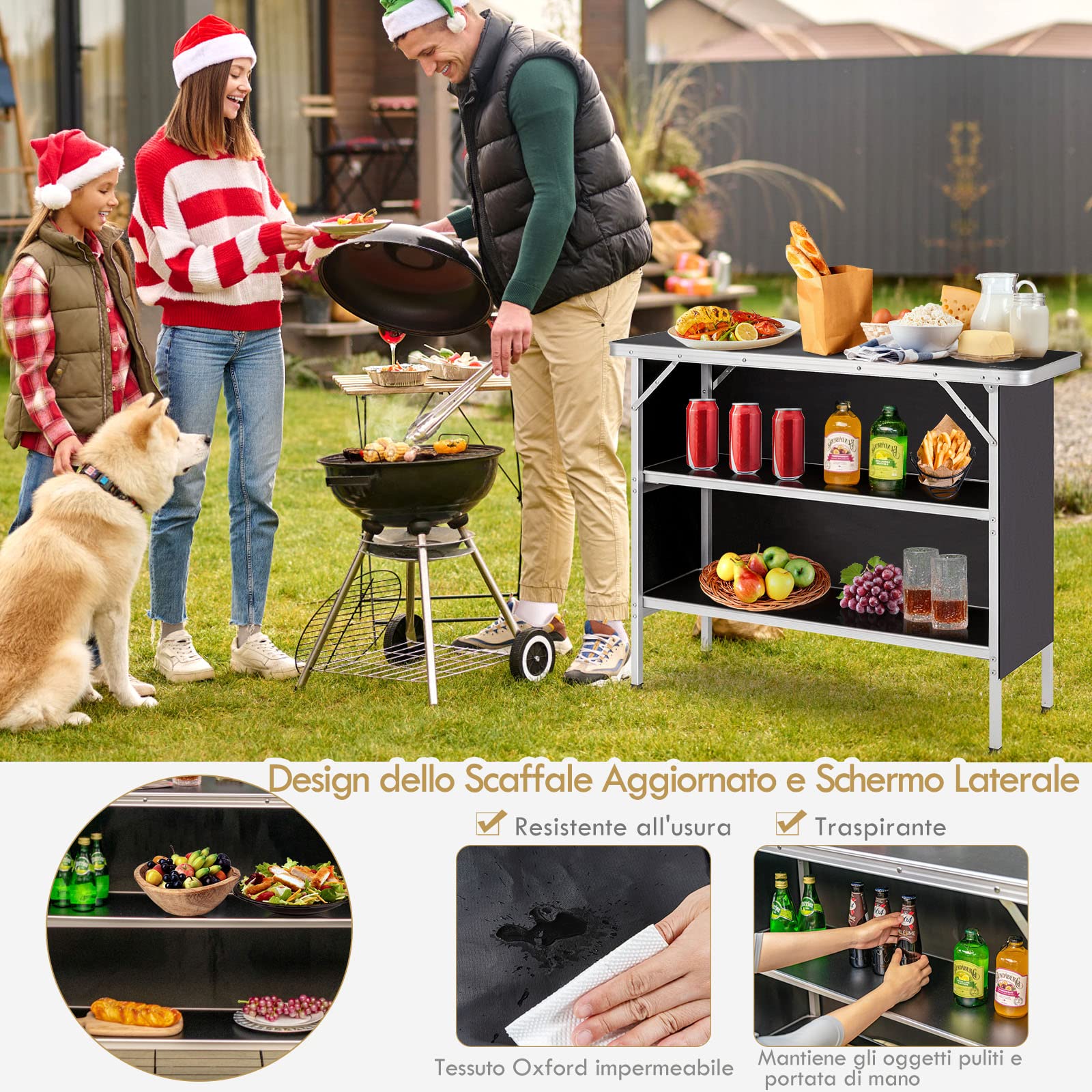 COSTWAY Cucina da Campeggio Pieghevole con Telaio in Alluminio 3 Ripiani Borsa Trasporto Nero