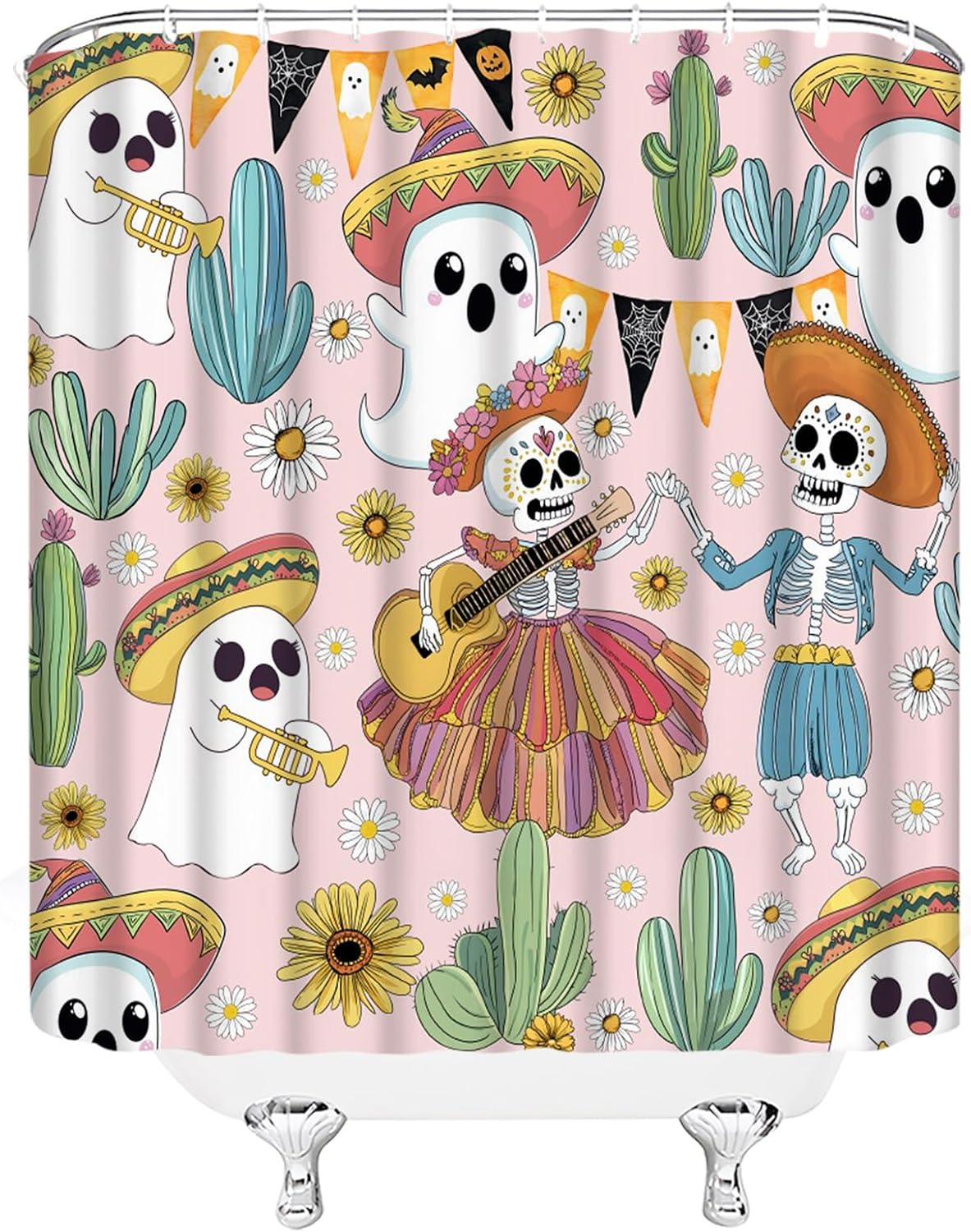 Halloween Gothic Shower Curtain,Ghost Suger Skull Cactus Spooky Cute Festival Funny Pink Polyester Bathroom Curtain with 12 Hooks,Bathtub Home Decor,70x78 Inch