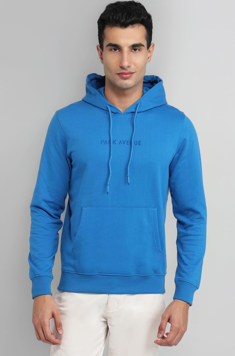Men Slim Fit Solid Pattern Cotton Polyester Blend Hoodie Full Sleeve Casual Sweatshirt Dark Blue