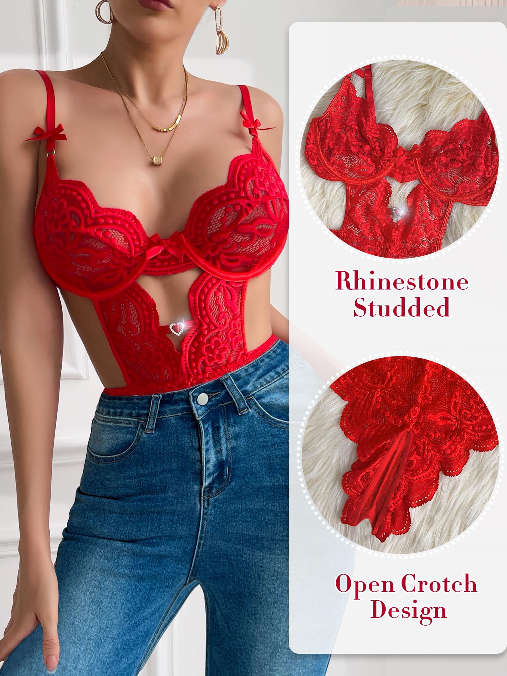 Dlsave Women Sexy Lingerie Set Lace Teddy Lingerie Detachable Mini Skirt Sets: Red Medium