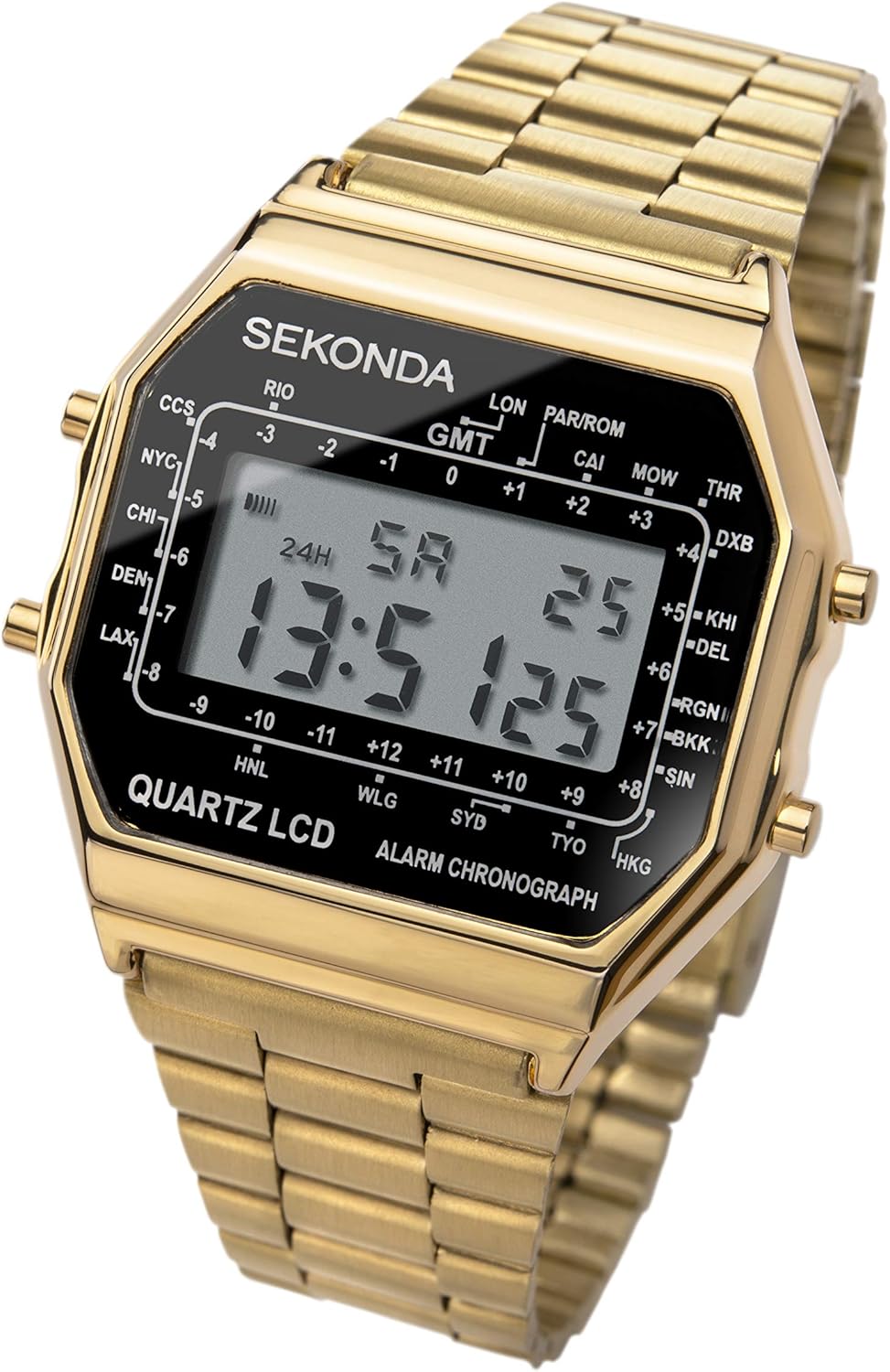 Angled view of Sekonda Model 1817 Gold-Tone Quartz LCD Watch