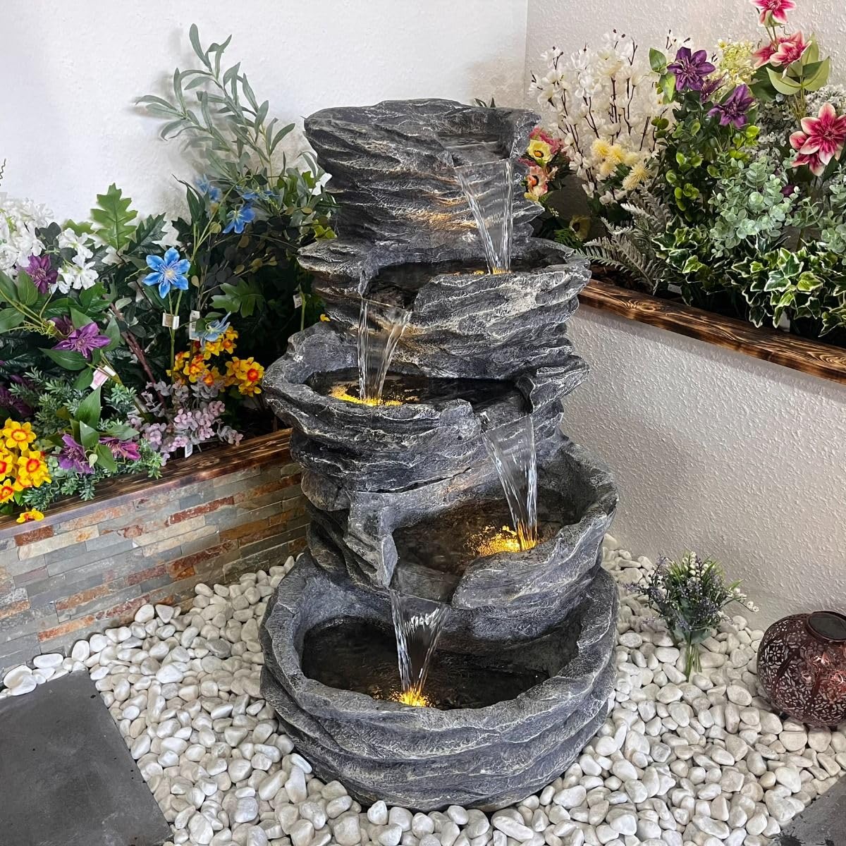 Holiness Craft 5 Tier Cascading Spiral Ash Black Rock Fountain for Indoor Outdoor Living Room Home Decor Garden Patio Deck Porch - Yard Art Decoration Gift Gifting with Light and Water Pump-image-49
