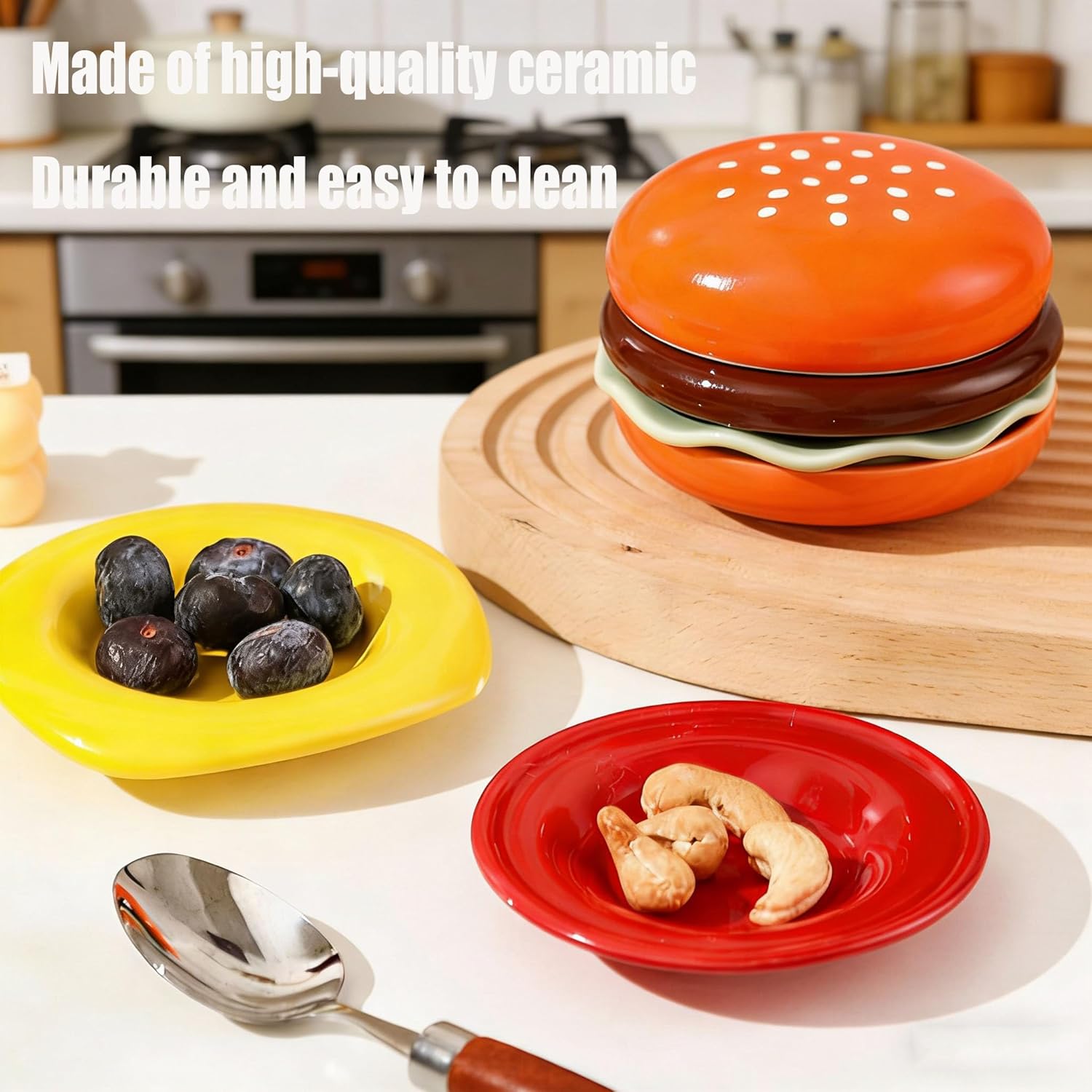 Stackable Hamburger Plates Set, 6-Piece Ceramic Hamburger Dinnerware Set, tackable Burger Shaped Plates and Bowls, Novelty Food Serving Sets for Salad, Snacks or Sushi (1SET)