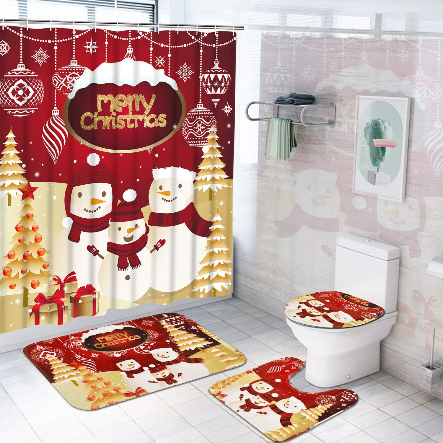 TAMOC 4 Pcs Merry Christmas Shower Curtain Sets with Non