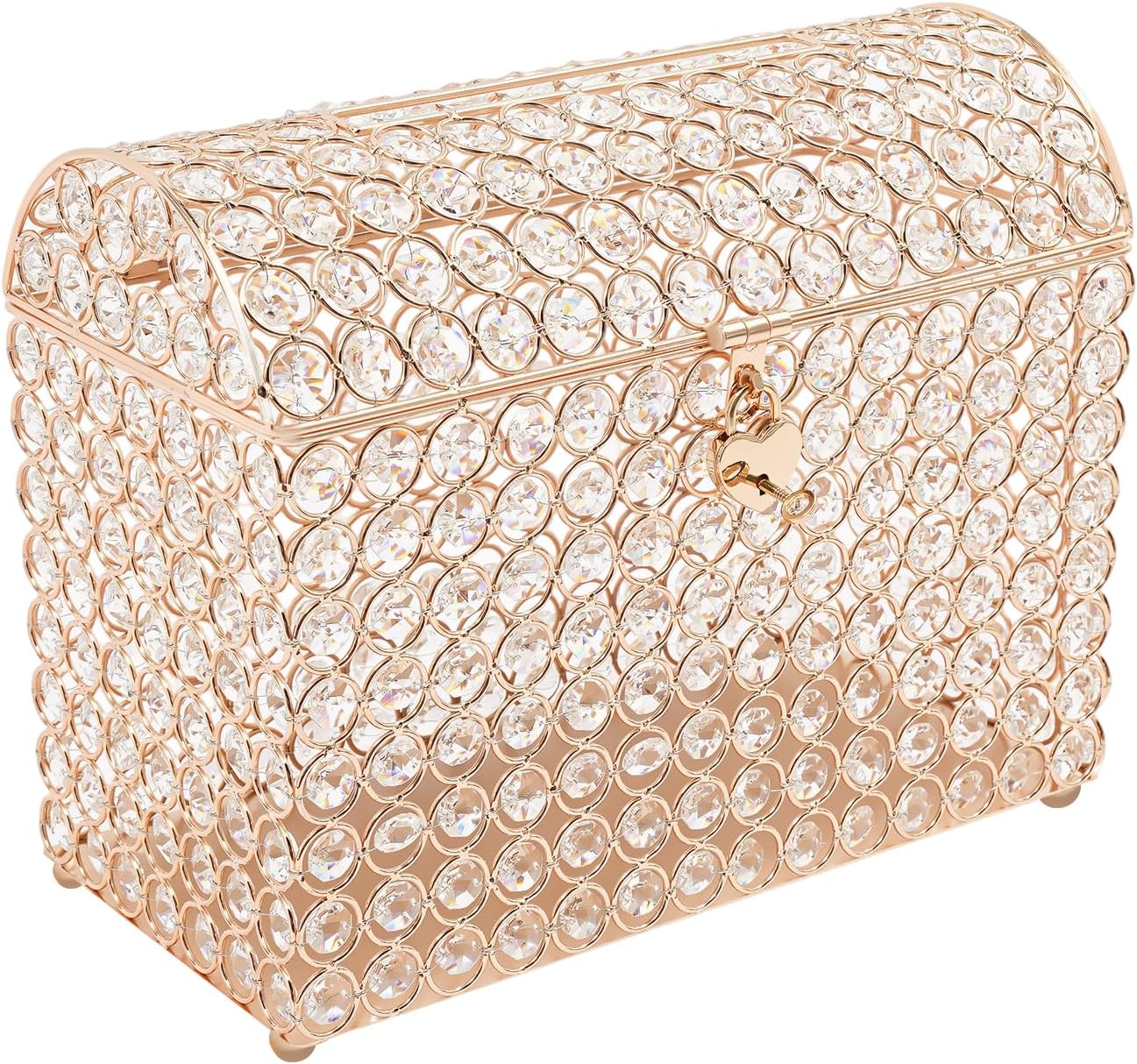 Crystal Wedding Card Box with Heart Lock 12.2" Treasure Chest - Gold Bead Glass Money Box for Wedding Reception, Anniversary, Baby Shower Party Decor