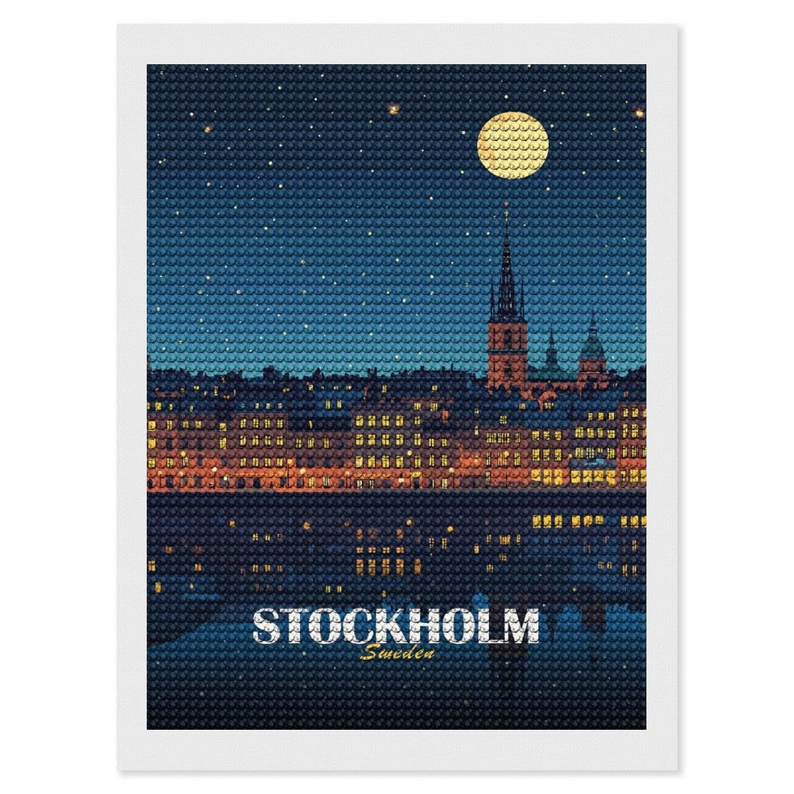 Junmoney Stockholm Sweden Night Cityscape Illustration Diamond Painting Kit 12"x16", Easy Handmade Project, Easy to Enjoy, Aesthetic Room Decor, Christmas Gift