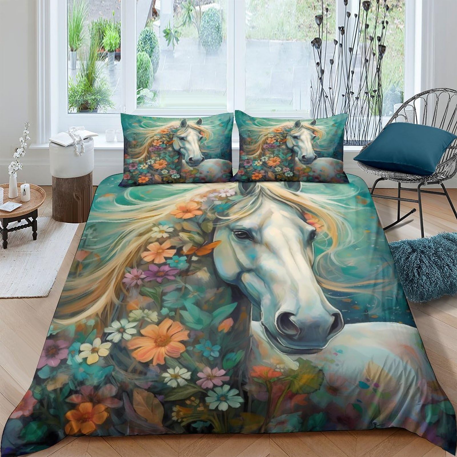 Housse de couette 3D fleurs et chevaux 200x200 cm avec 2 taies d'oreiller
