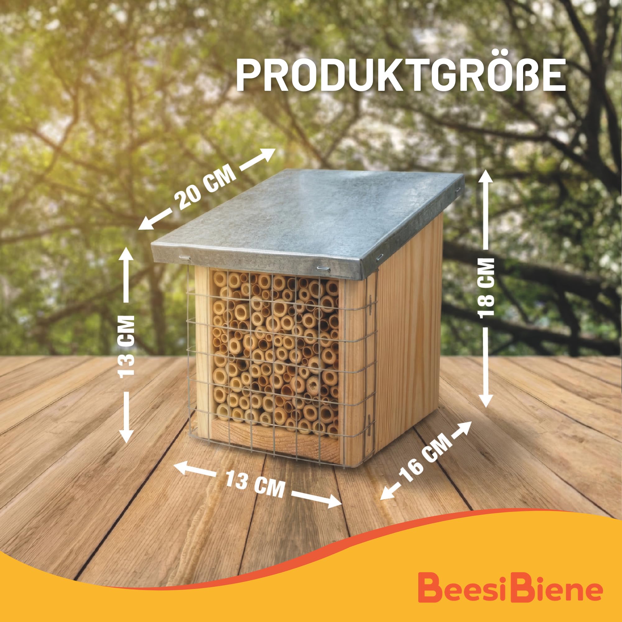 BEESI Bienenhotel mit Metalldach & Schutzgitter - Insektenhaus für Solitärbienen aus Bambus & Schilf (4-8mm)