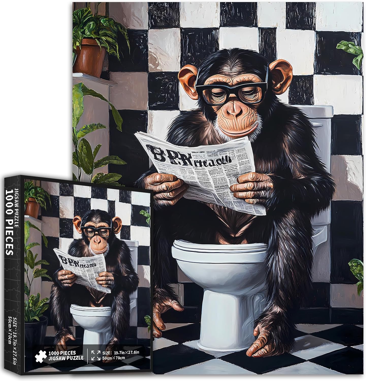 Monkey Sitting on Toilet 1000 Piece Jigsaw Puzzles for Adults Monkey Reading Newspaper Art Puzzle Colorful DIY Puzzles for Home Decoration Gifts Family Puzzle Perfect for Game Nights 20×27 Inches