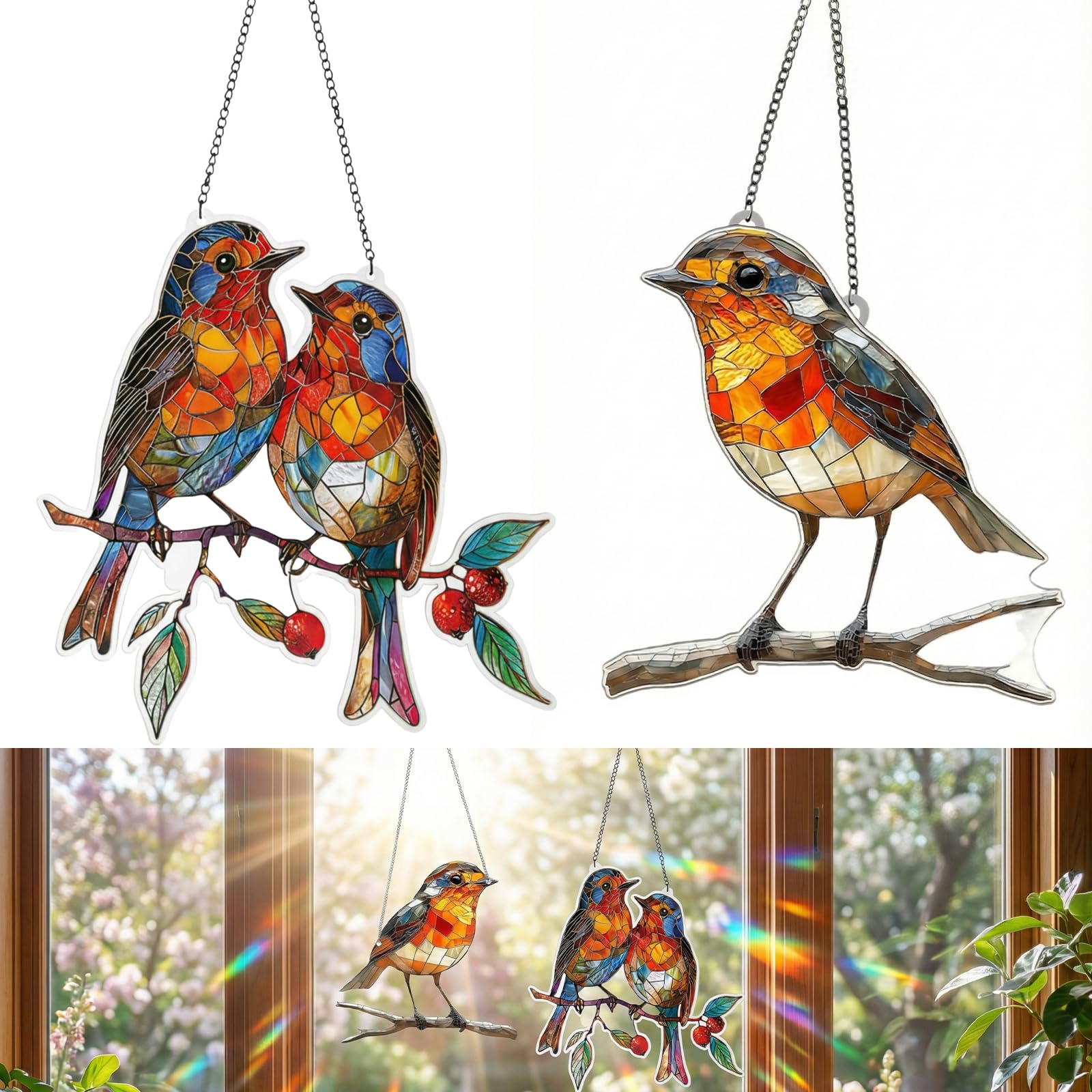 Llikknve Multicolor 2 Pcs Acrylic Birds Sun Catchers, Acrylic Hanging Garden Robin Suncatcher On Branch, Garden Hanging Ornaments For Windows, Garden