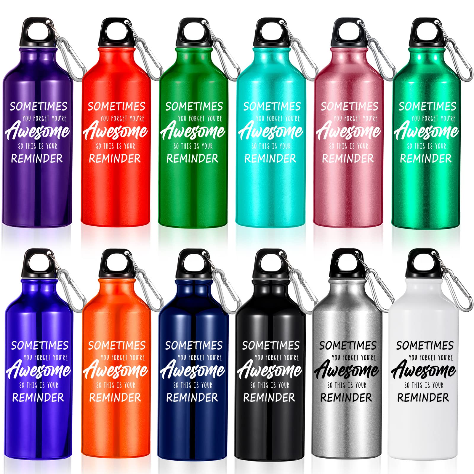Paquete de 12 botellas de agua de aluminio multicolor Sometimes You Forget You're Awesome, botellas ligeras para bicicleta, mochileros, botella de agua reutilizable a granel con hebilla y tapa