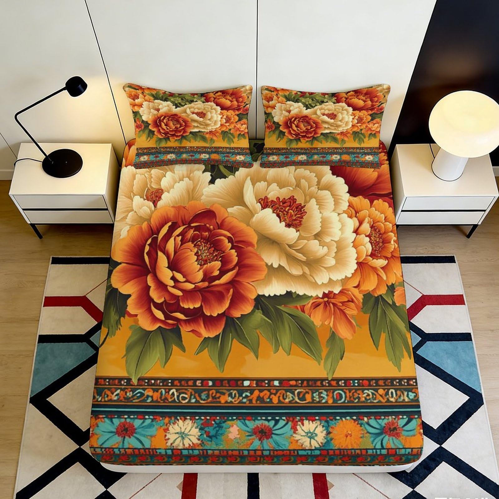 3D Printed Floral Peony Fitted Sheet Microfiber Soft Orange Blossom Mattress Cover for Bedroom Guest Room Decor 90x200x25cm