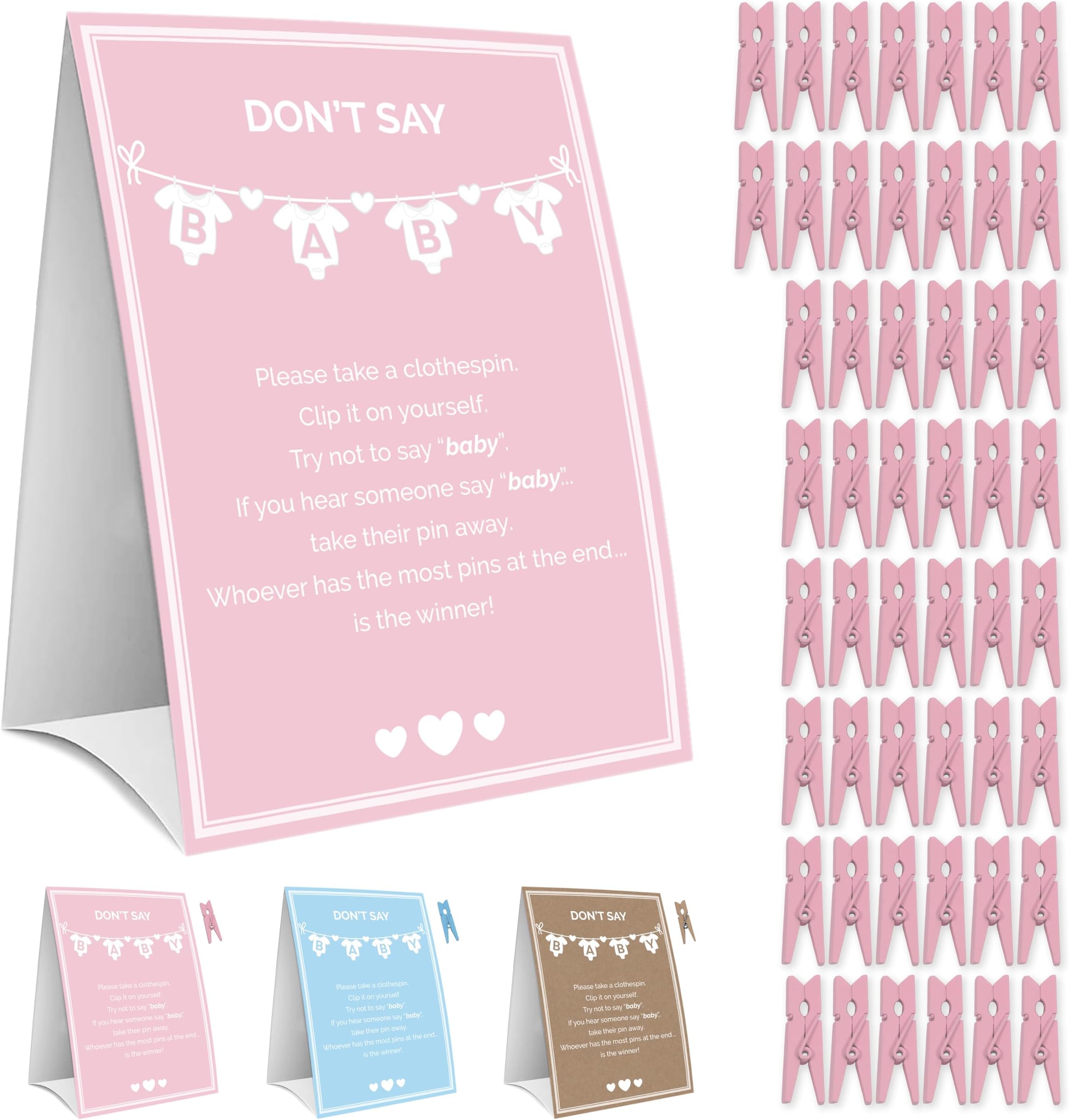 Party Hearty Baby Shower Games for Girl - Don't Say Baby Game, 1 Sign and 50 Mini Pink Clothespins, Ideas
