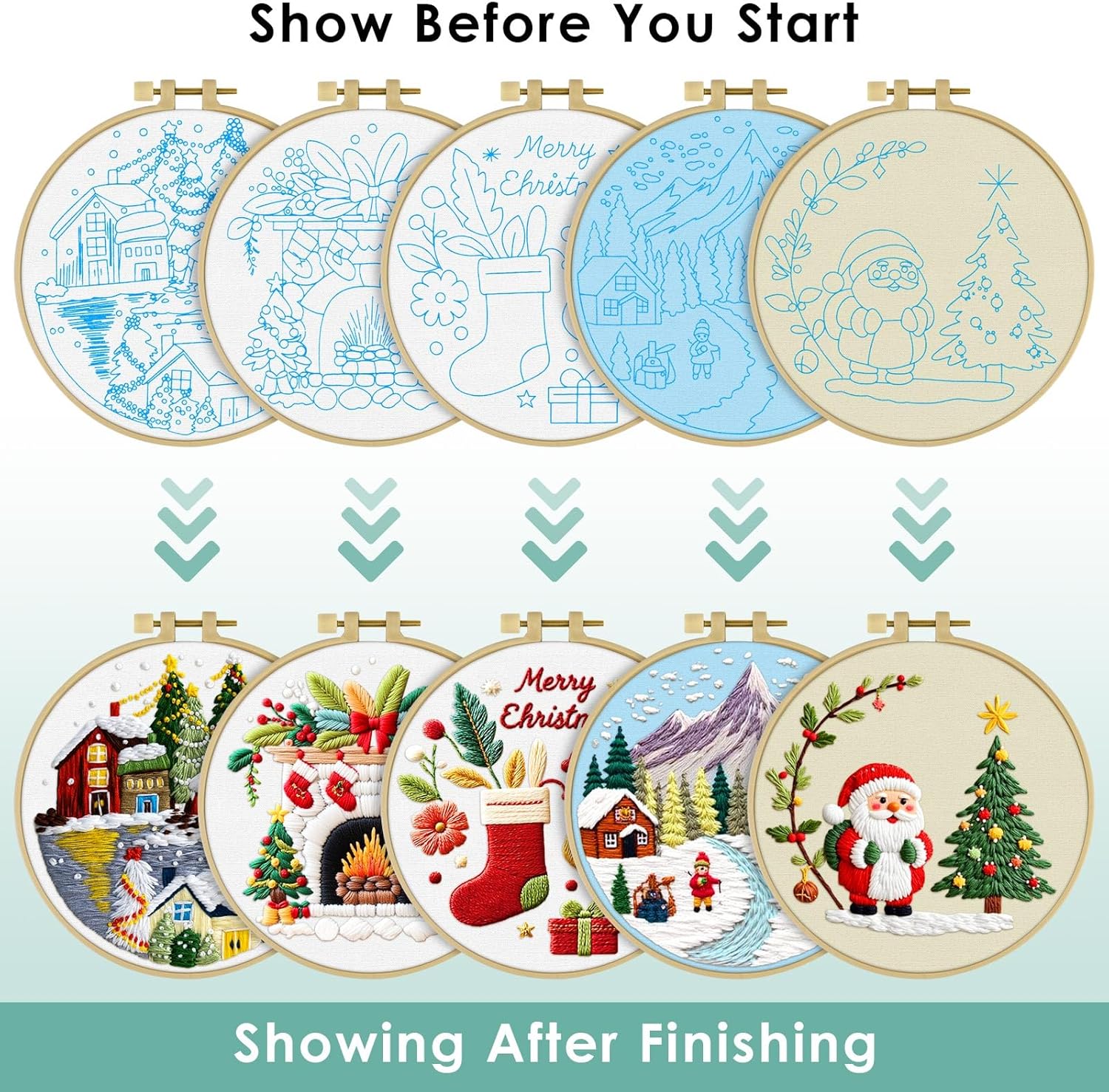 ERKOON Embroidery Kit for Beginners, 5 Sets Christmas Cross Stitch Set for Adults Include Embroidery Cloth Hoops Threads for Craft Lover Hand Stitch with Skill Techniques (Christmas#1)