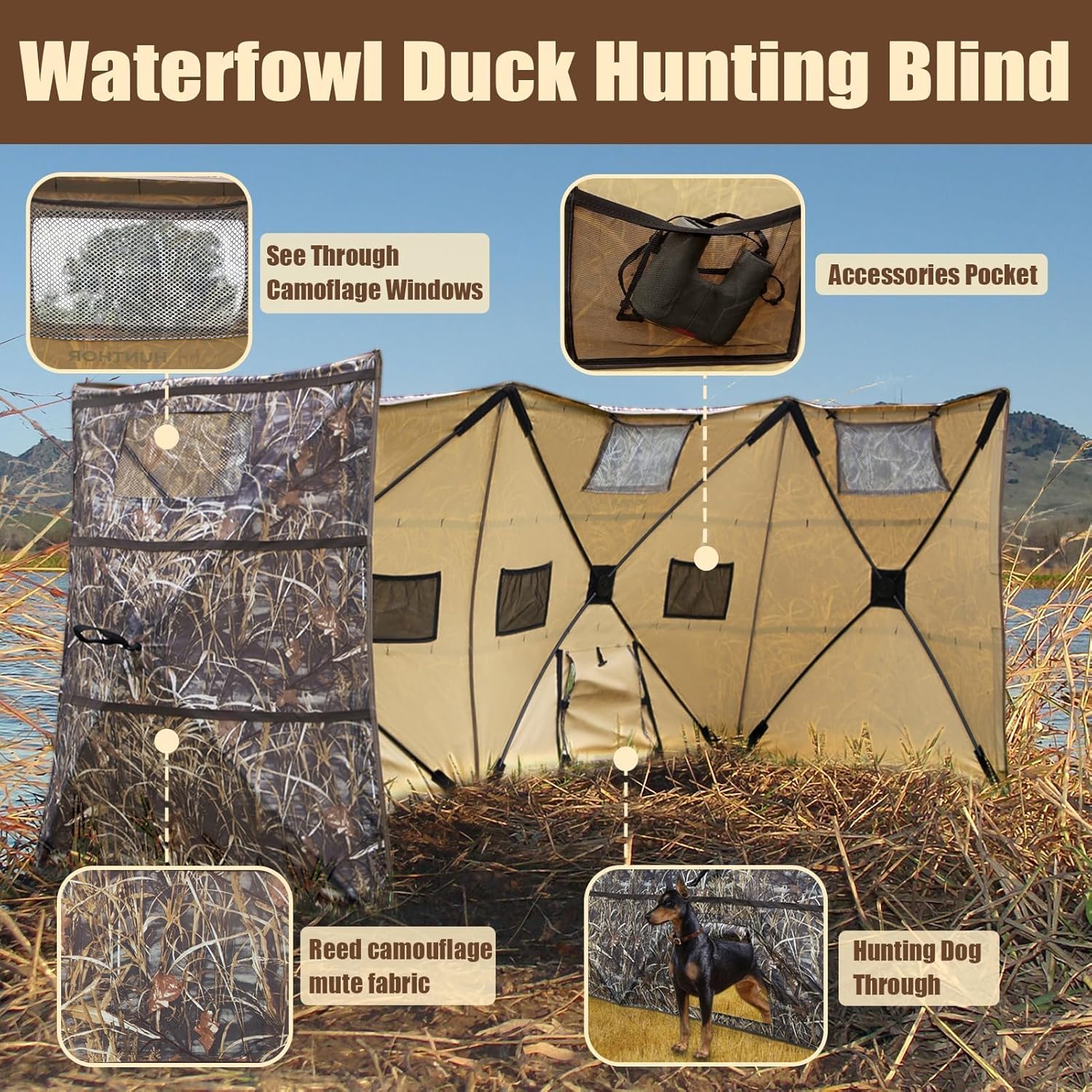 4 Panel Duck Blind Hunting Tent with Dog Door, Pop-Up Waterfowl Blind for 3-4 People, Durable Field Duck Dove Bush Hunting Tent with Carry Bag (Camo)