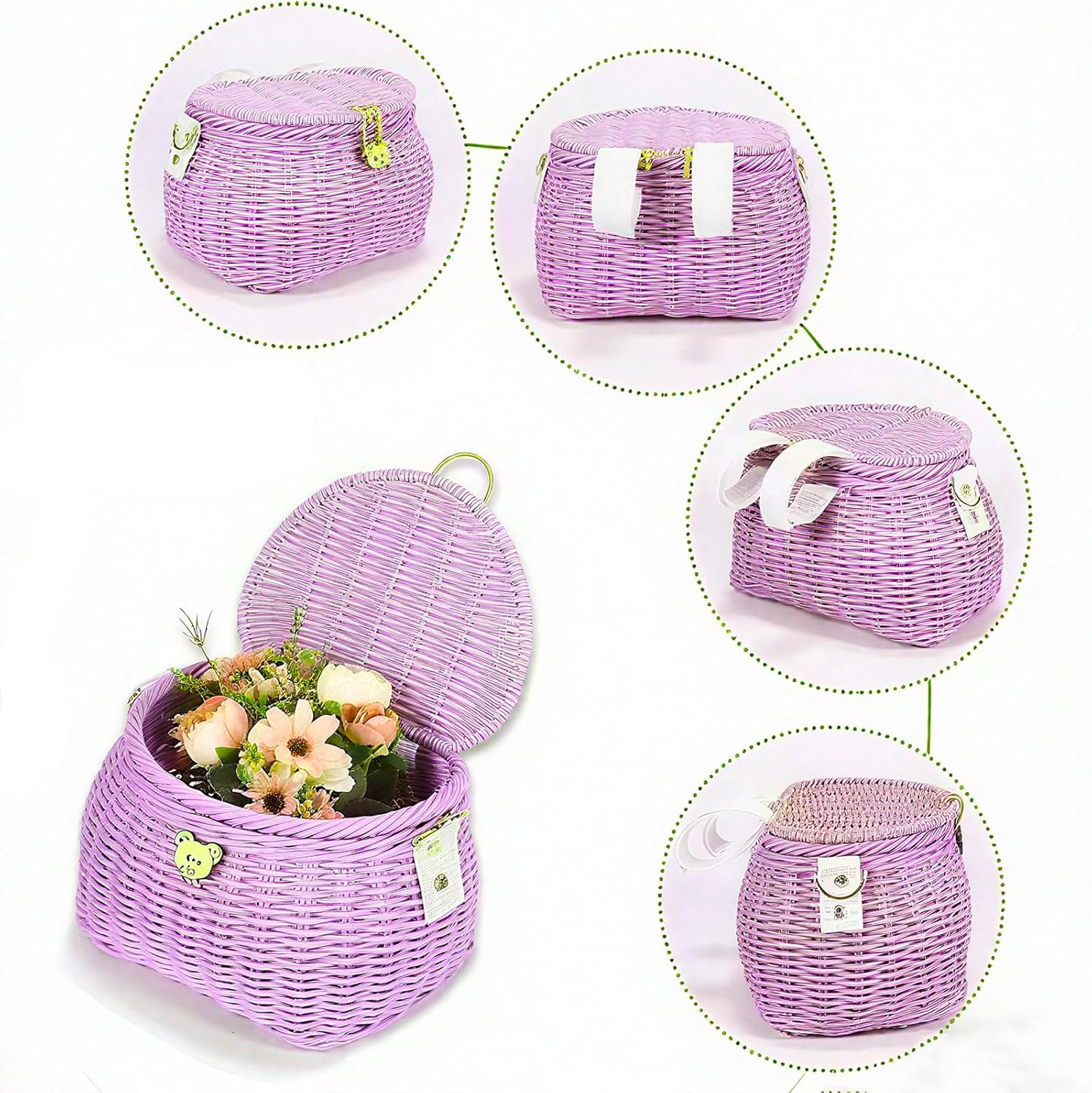 SVNR Kids Bike Basket, Bike Basket Front, Bicycle Baskets for Boys and Girls, Handwoven Backpack with Lid Shoulder Strap, Rattan Front Handlebar Baskets
