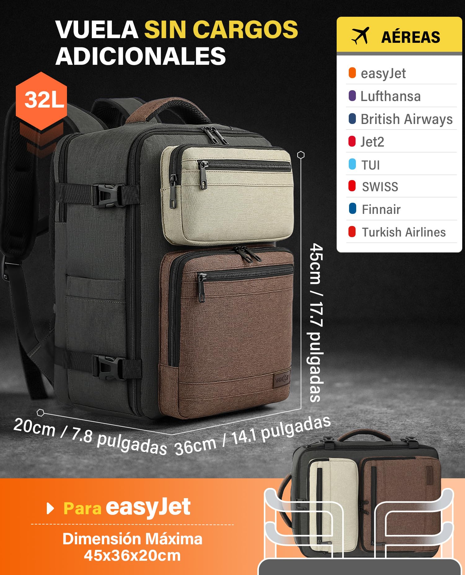 VANKEV Vueling Ryanair Easyjet Eurowings Wizz Air Mochila Viaje Cabina Avion 40x30x20cm-24L, 45x36x20cm-32L, Equipaje de Mano Bolso de Viaje Apta para Portátil de 15,6 Pulgadas