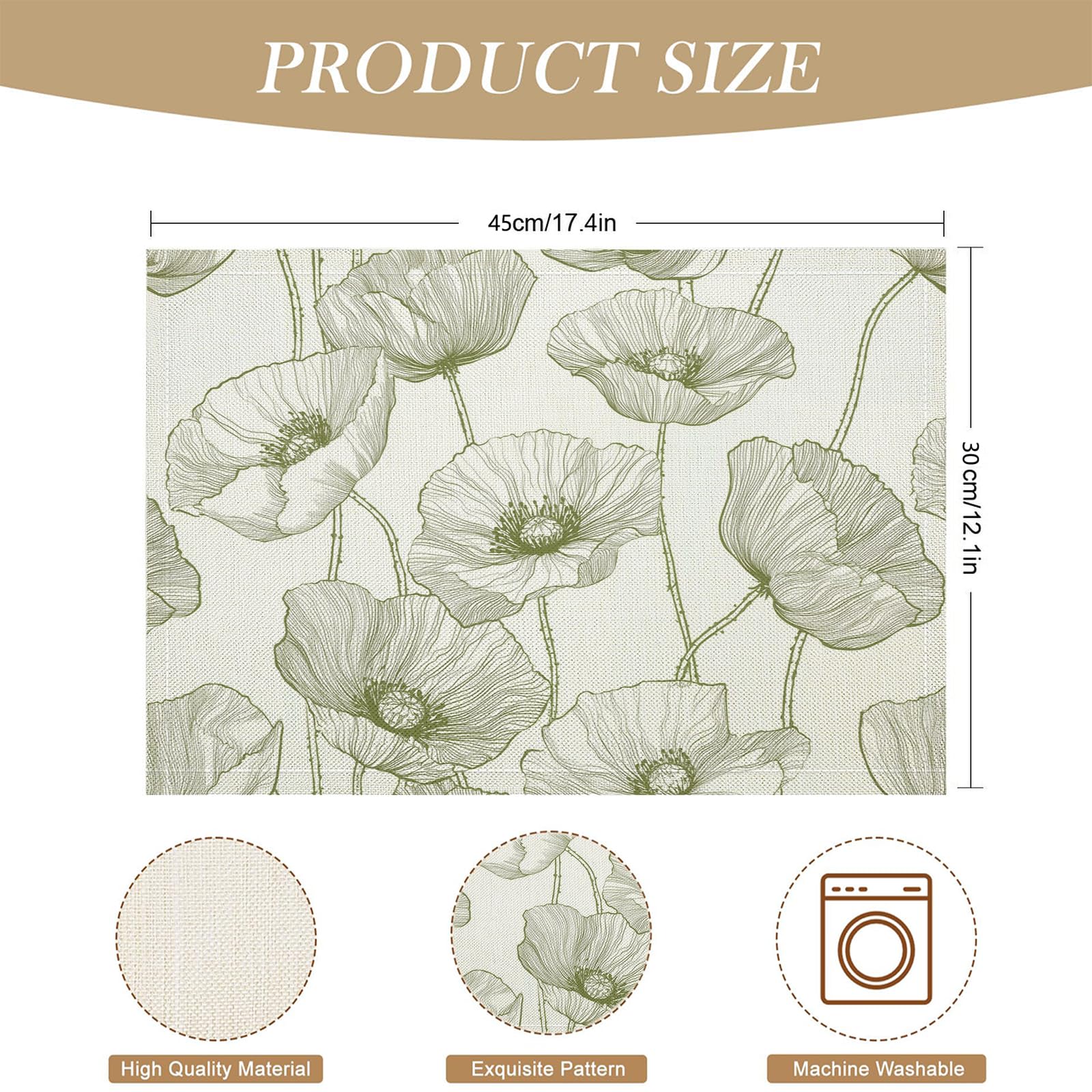 Lot de 8 Set Table Dessin Au Trait en Lavable en Machine, Réutilisable Rectangulaire Lin de Coton Set de Table Résistant à la Chaleur (Fleurs Vertes,30×45 cm)