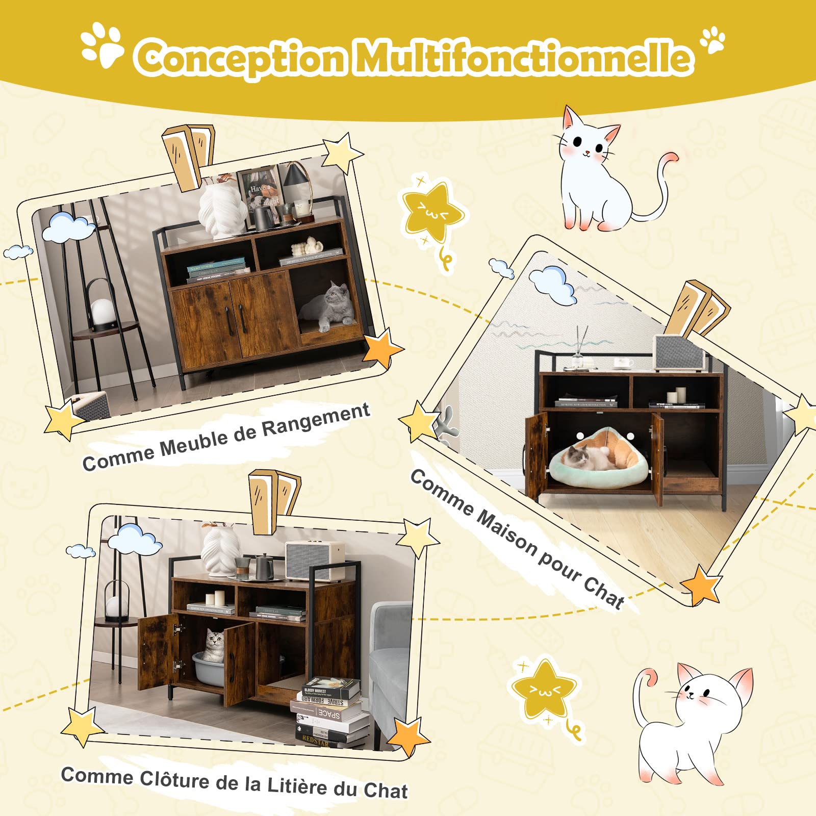 GYMAX Meuble Cache Litière Chat Grand en Bois, avec Griffoir Détachable, Maison de Toilette avec 2 Étagères Rangement Ouvertes, Maison Bon Ventilation et Anti-basculement pour Chat(Café)
