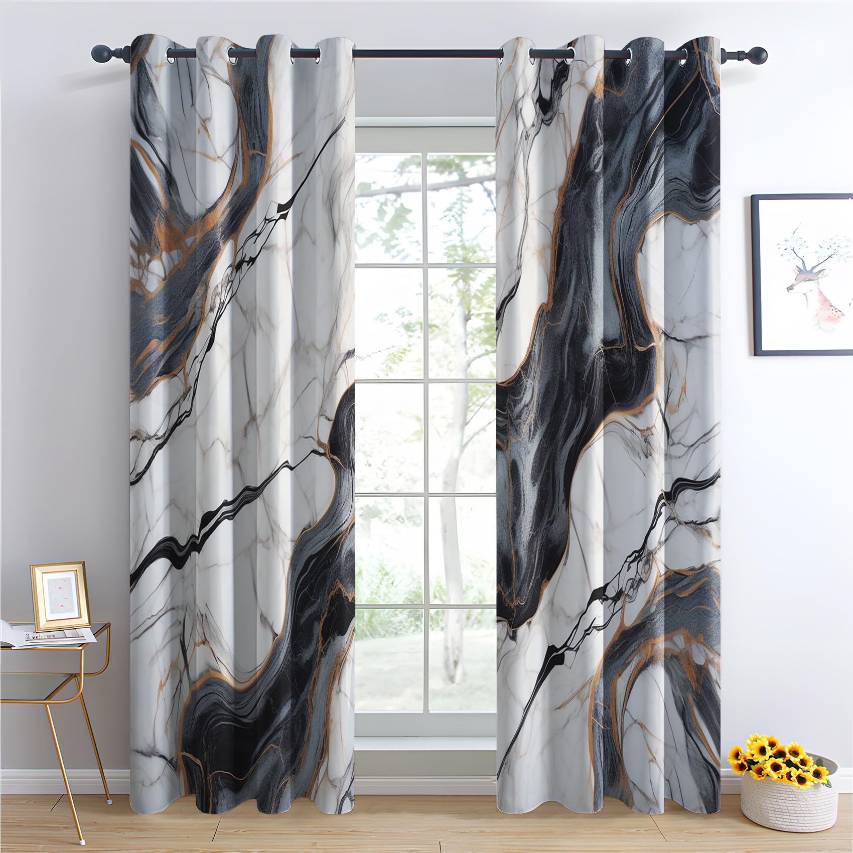 QEODAH Marble Curtains 137cm Drop, Modern Abstract White and Grey Marble Patterned Blackout Curtains for Bedroom, Living Room Decor, Soft Thermal Insulated Eyelet Drapes for Windows - 2 Panels
