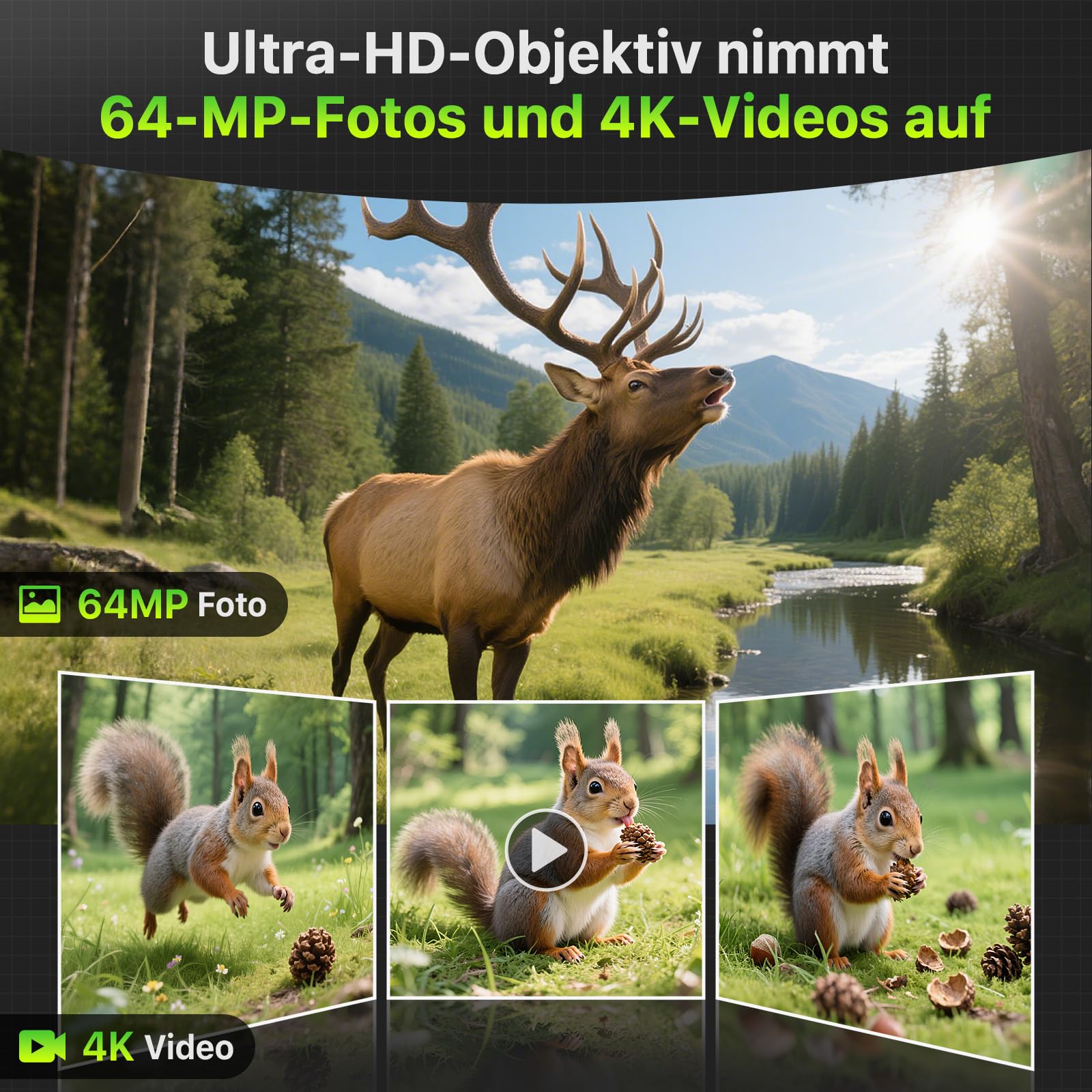 Wildkamera 4K 64MP WLAN mit Handyübertragung App – Wildtierkamera mit Nachtsicht, Bewegungsmelder, 0,2s Auslösung, Outdoor Überwachungskamera für Garten, Hof & Außenbereich, IP66 Winterfest