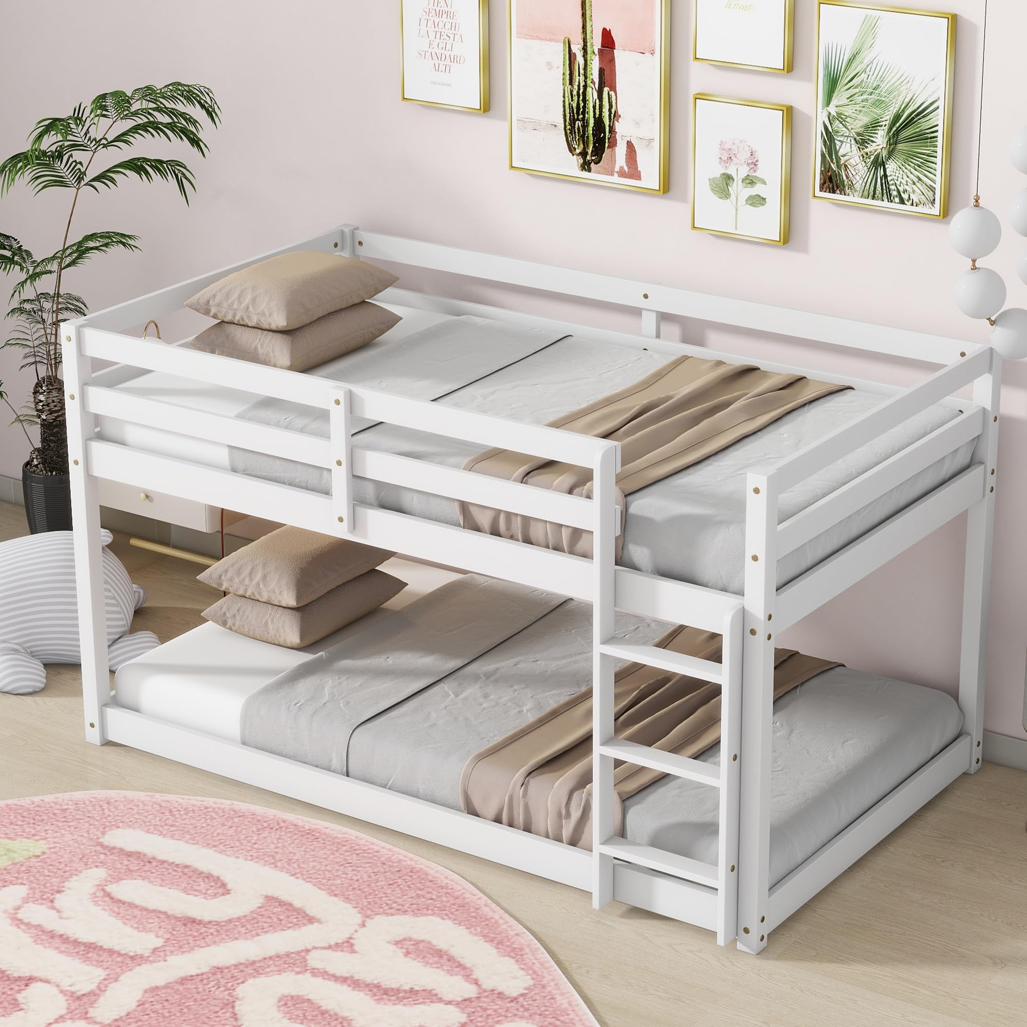 Anwick Low Bunk Bed Twin Over Twin, Floor Bunk Bed with Ladder, Wooden Bunk Beds Twin for Toddler, Boys, Girls,Space-Saving, Easy to Assemble (White)