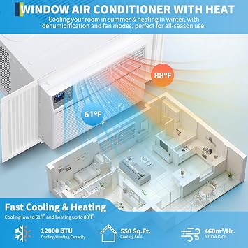 12000 BTU Window Air Conditioner with Heater, 4-in-1 208/230V WiFi Smart Window AC Unit with Cooling & Heating for Rooms Up to 550 Sq Ft, Remote/App Control, Compatible with Alexa & Google Assistant