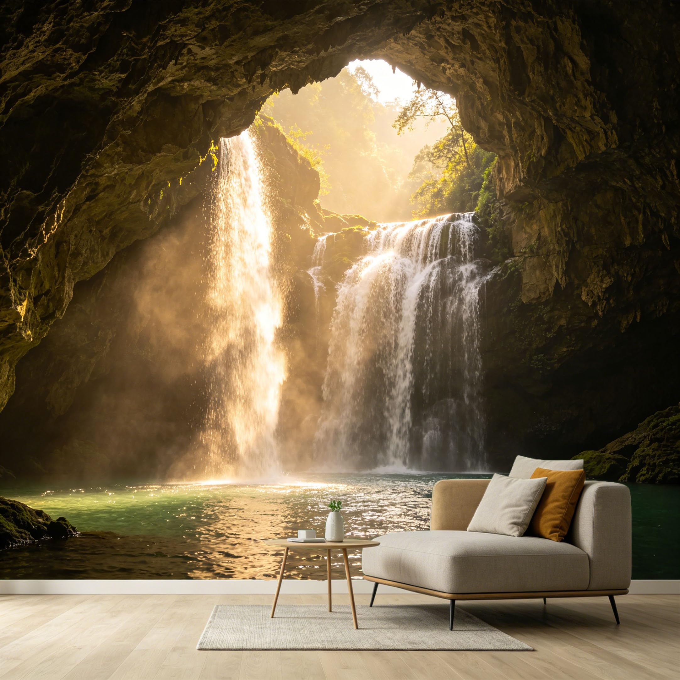 Custom Size Wall Murals Waterfall Cave Landscape 3D Trompe L'Oeil Sunbeam Cliff SelfAdhesive Wall Fabric Removable Large Wallpaper for Photo Living Room