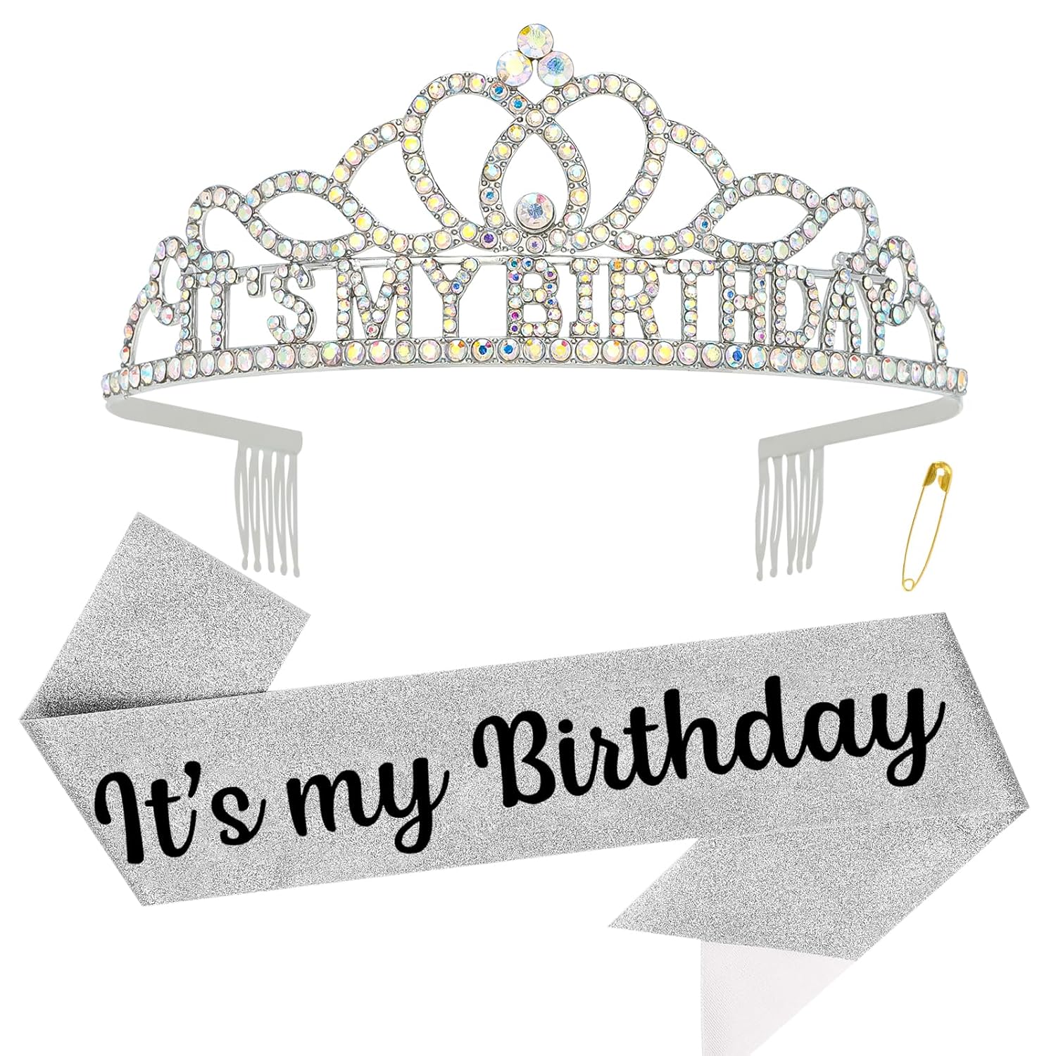 Birthday Crown for Women - Rhinestone Headband & Sash - It's My Birthday Tiara - White
