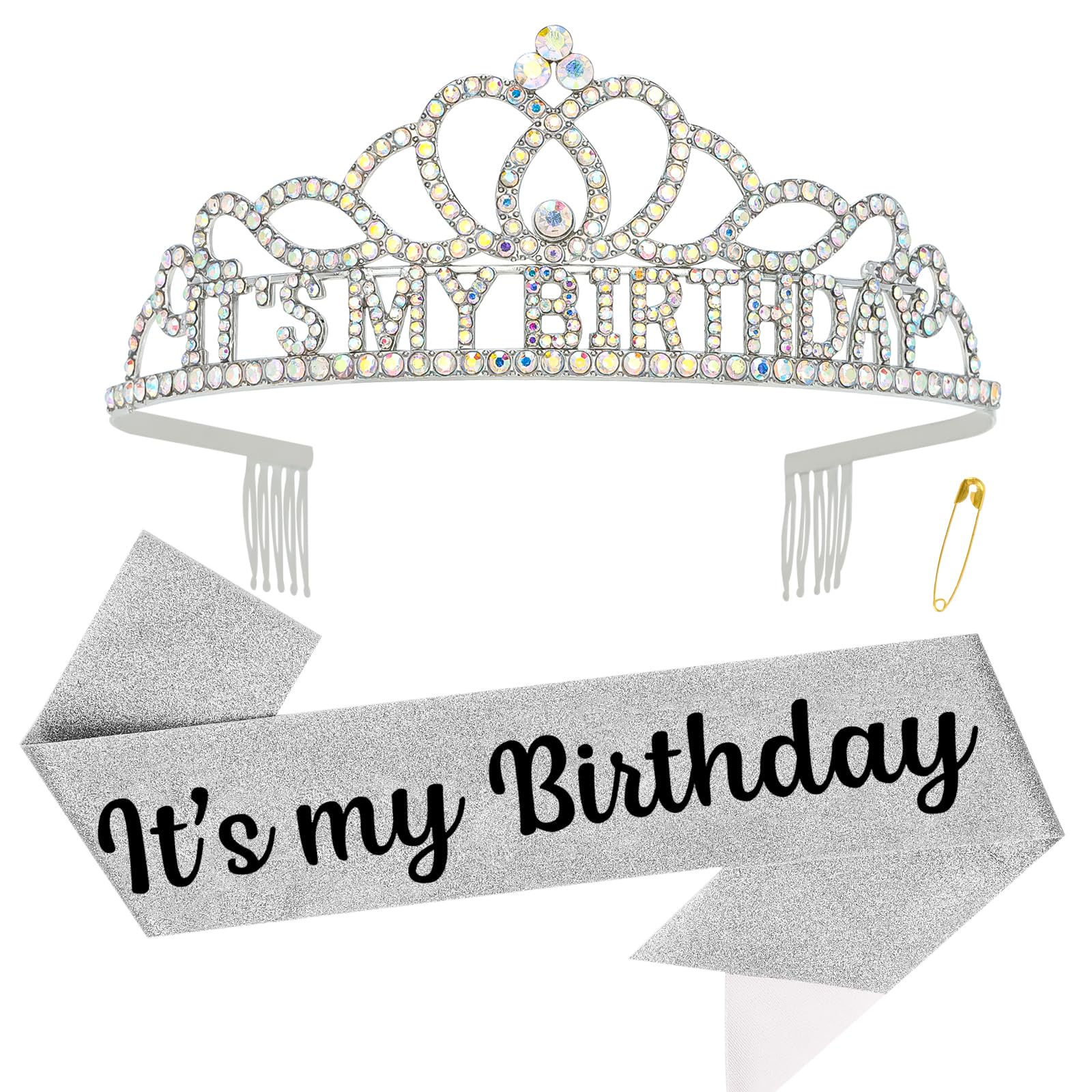 ACO-UINT Birthday Crown for Women, AB Rhinestone Birthday Headband Birthday Sash It's My Birthday Crown, Birthday Girl Crown Birthday Tiara Birthday Decorations Birthday Gifts, White