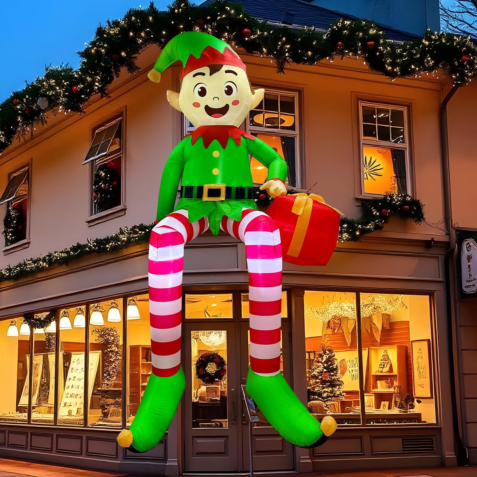 240 cm Aufblasbare Weihnachtsdeko Aussen, Sitzender Elf Aufblasbare Weihnachtsdeko Außen mit Geschenkbox & LED Beleuchtung, Weihnachten Deko Draußen Outdoor für Garten, Balkon, Draußen