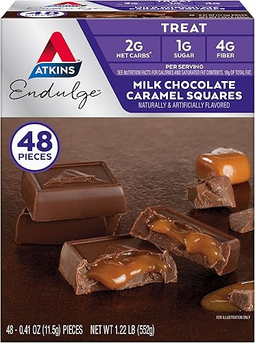 Atkins Endulge - Cuadrados de caramelo de chocolate con leche, postre favorito, buena fuente de fibra, 0.04 onzas de azúcar, 48 unidades (16