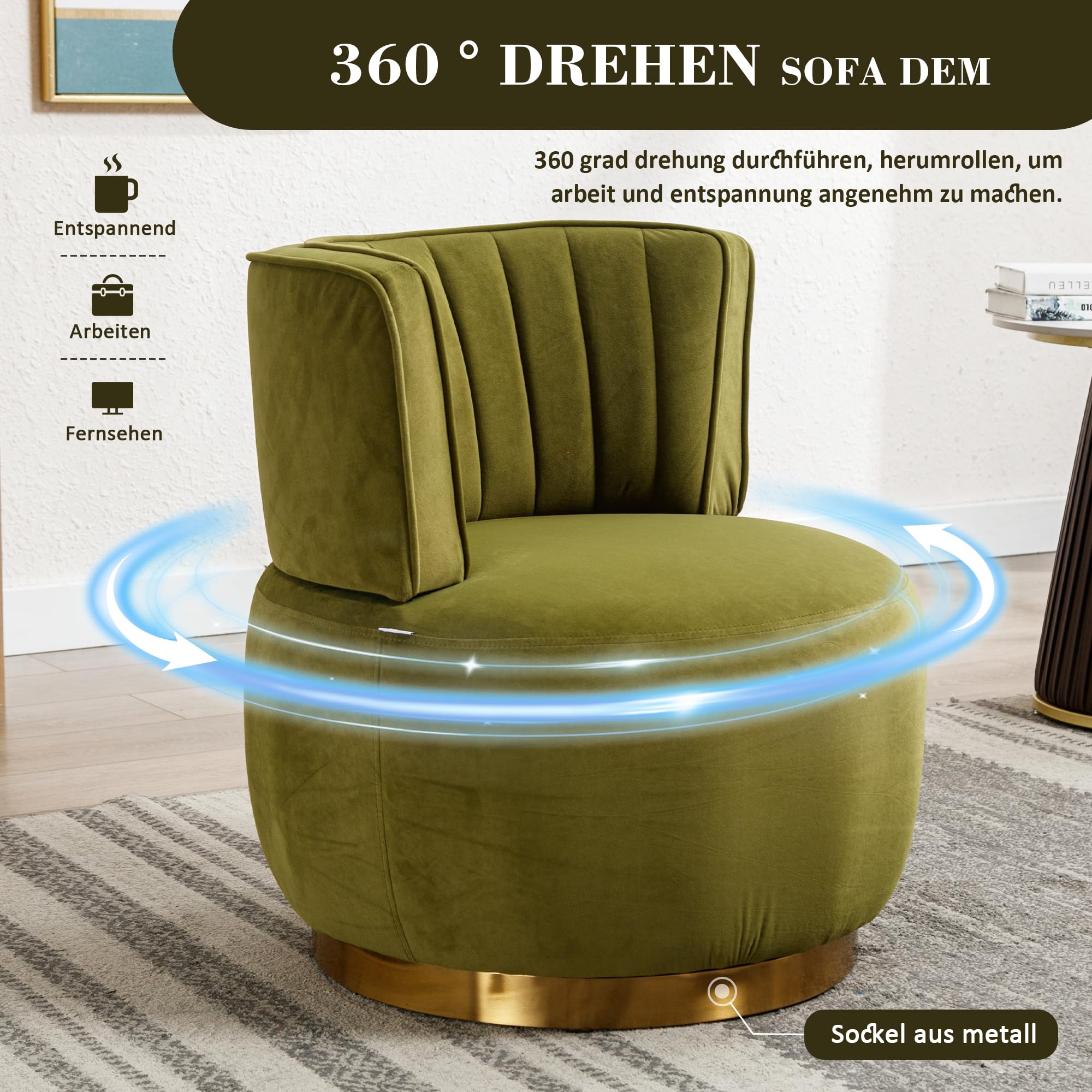 Sedia girevole moderna a 360 gradi, con finitura in velluto morbido, schienale comodo, struttura stabile, adatta per soggiorno, camera da letto, studio, verde oliva