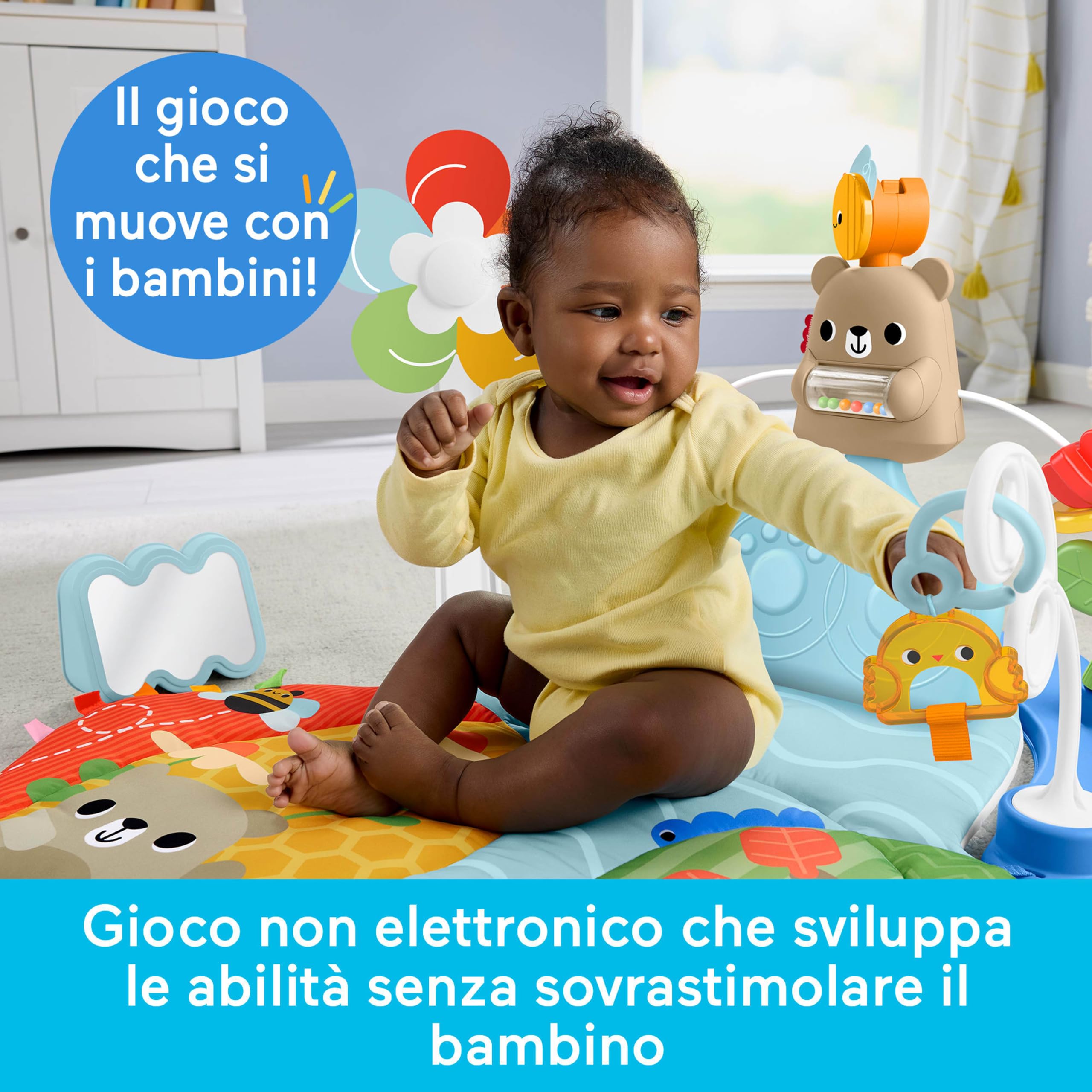 Fisher-Price Palestrina Scalcia e Dondola 3 in 1 | Tappeto gioco bebè, più di 10 attività sensoriali, gioco sviluppo senza elettronica, neonati da 0 mesi, JMT98