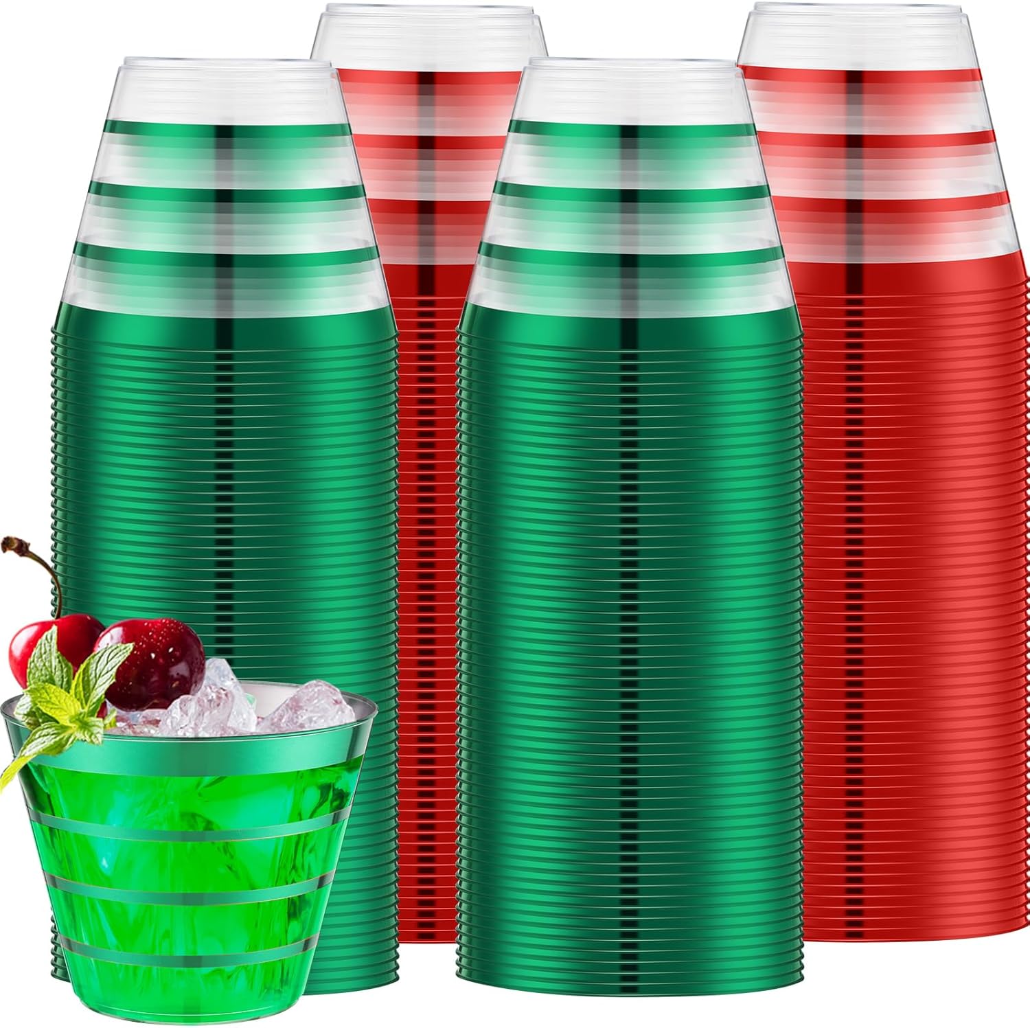 Gejoy 9 oz St Patricks Day Rimmed Stripe Plastic Cups Bulk Disposable Wine Hard Plastic Drinking Cocktail Cups Tumblers for Wedding Gathering Party Supplies(Red and Green,200 Pcs)