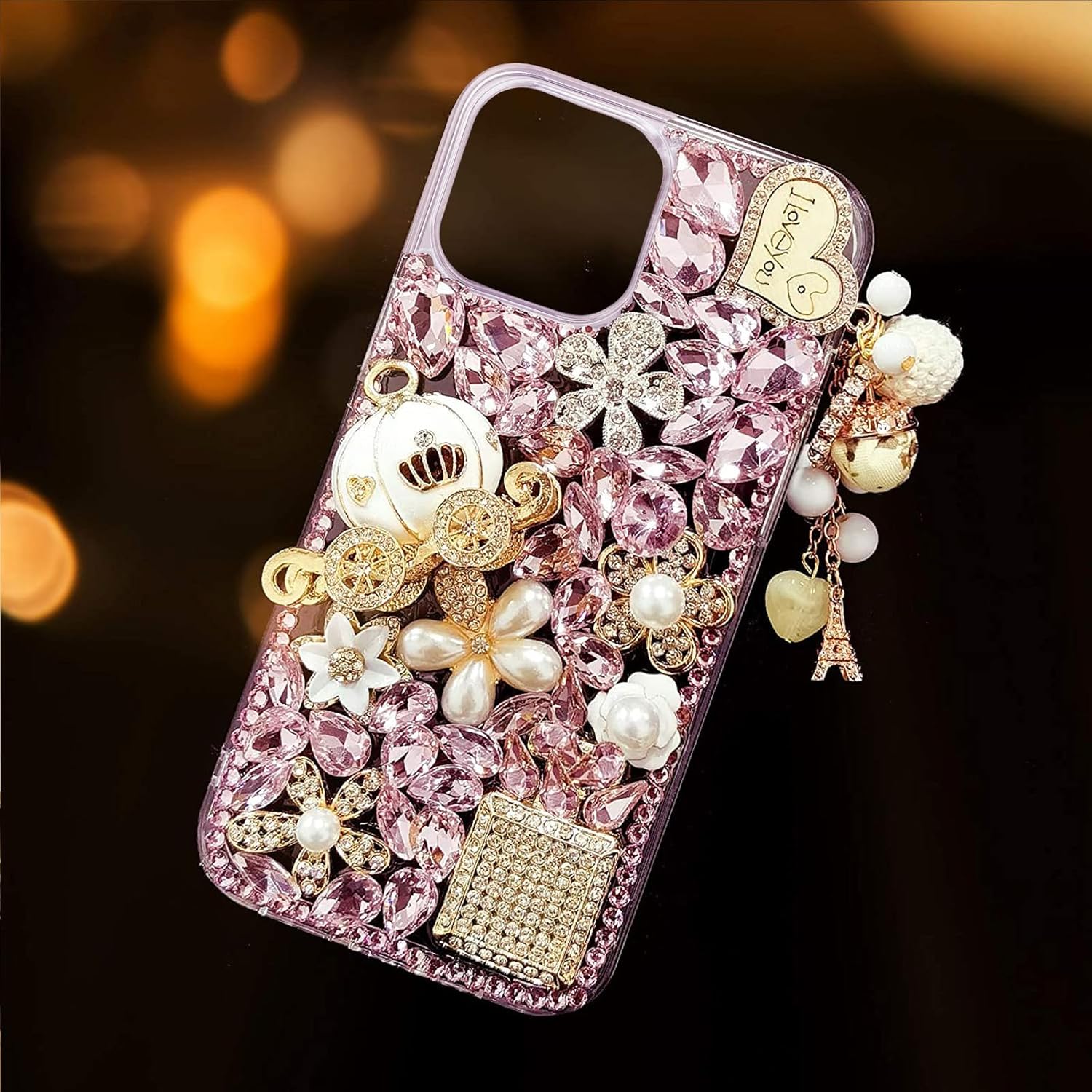 Guppy for iPhone 14 Bling Glitter Case,Luxury Diamond Rhinestone Gemstone 3D and Flower Gemstone Pumpkin Car Tower Pendant Pearl Soft TPU Back Cover Case for Women Pink - Image 6