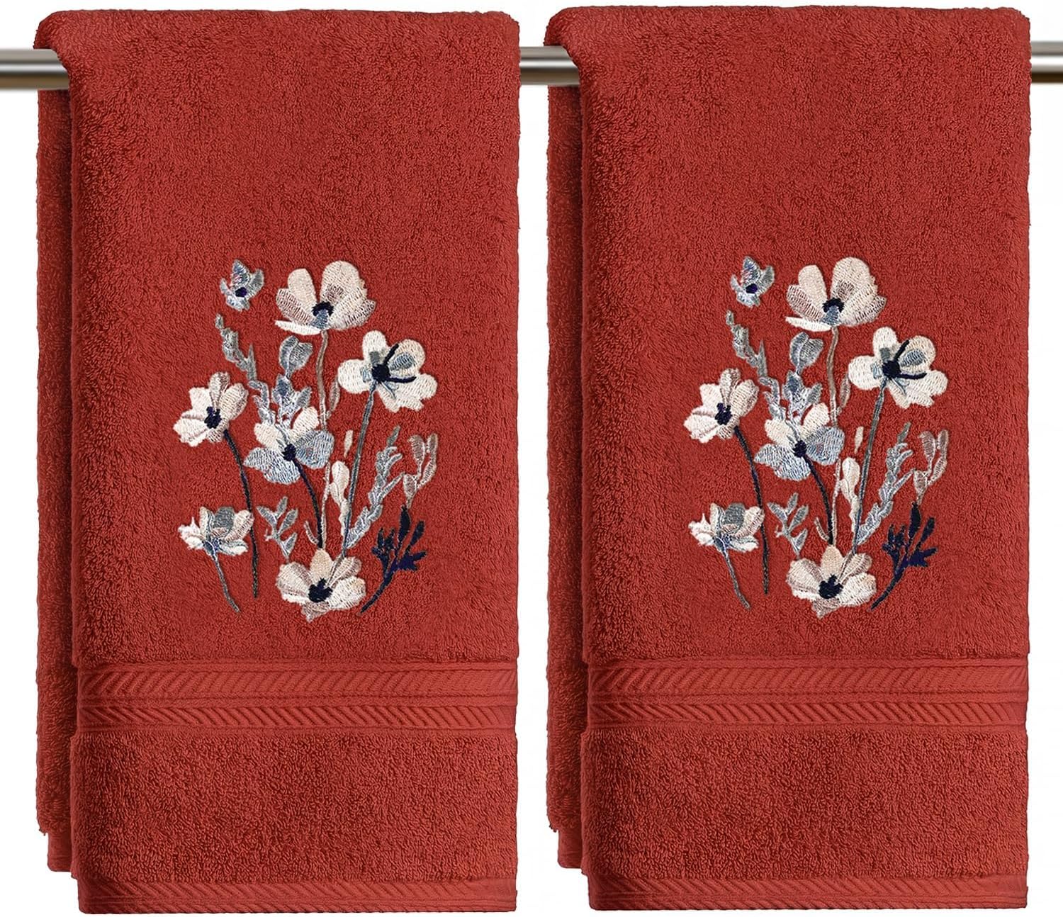 Artoid Mode 2 Pcs Beige Poppy Floral Embroidered Hand Towels