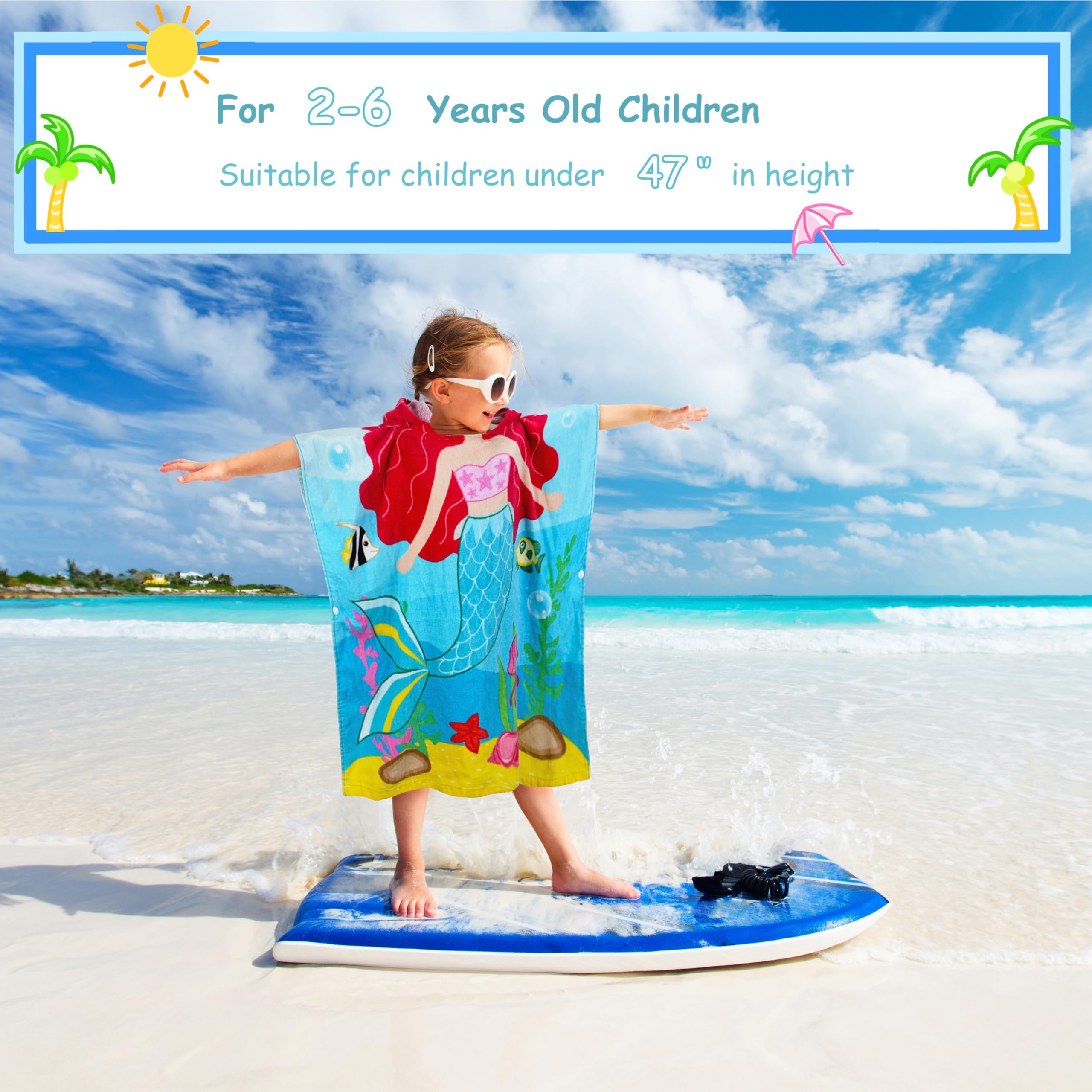 Catalonia Kinder Kapuzenhandtuch, 100% Baumwolle, Wasserabsorbierendes Badetuch, Sanddicht, Strandponcho für Schwimmen, Baden, 2 bis 6 Jahre, Unisex, 52"x24", Meerjungfrau-Türkis